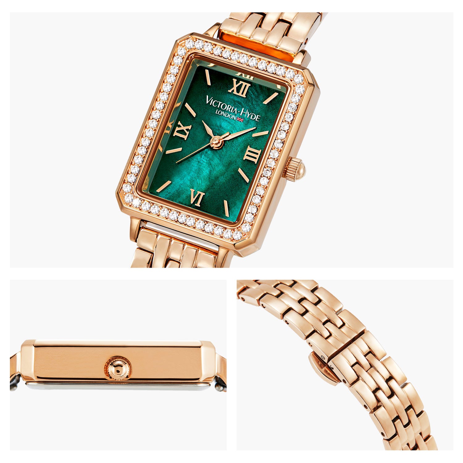 Victoria Hyde Westminster rose gold green dial ladies watch – square case, diamond details, Miyota 2035, mineral glass, stainless steel band, 22x28 mm