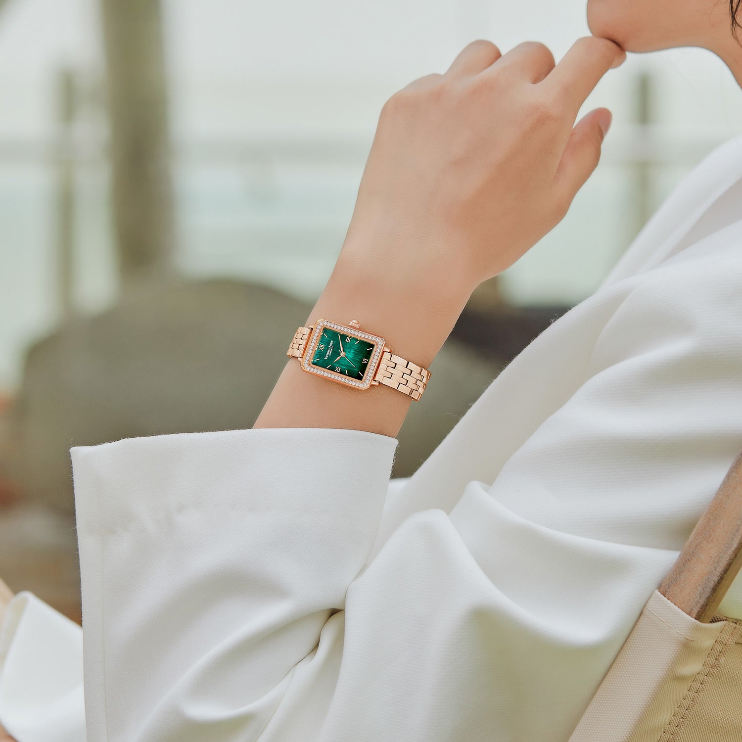 Victoria Hyde Westminster rose gold green dial ladies watch – square case, diamond details, Miyota 2035, mineral glass, stainless steel band, 22x28 mm