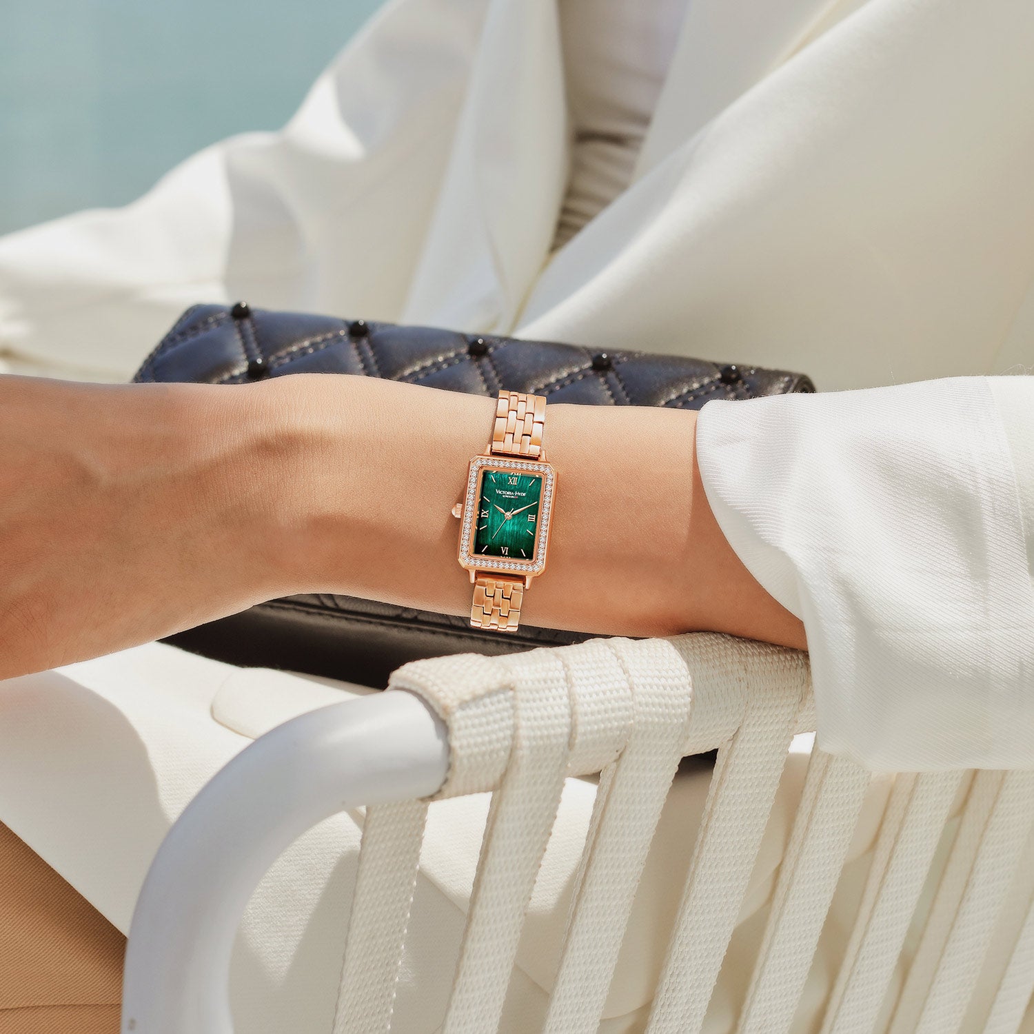 Victoria Hyde Westminster rose gold green dial ladies watch – square case, diamond details, Miyota 2035, mineral glass, stainless steel band, 22x28 mm