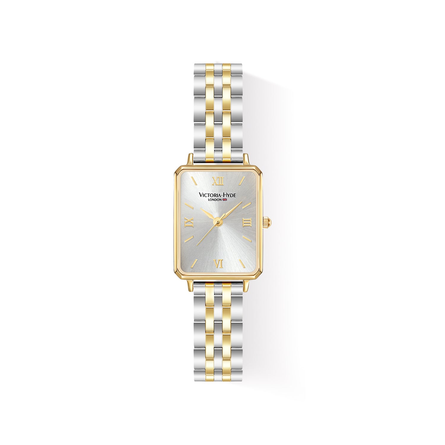 Victoria Hyde Hampton ladies’ square watch – gold/silver stainless steel band, Miyota 2035 movement, mineral glass, 22x28 mm case, elegant design.