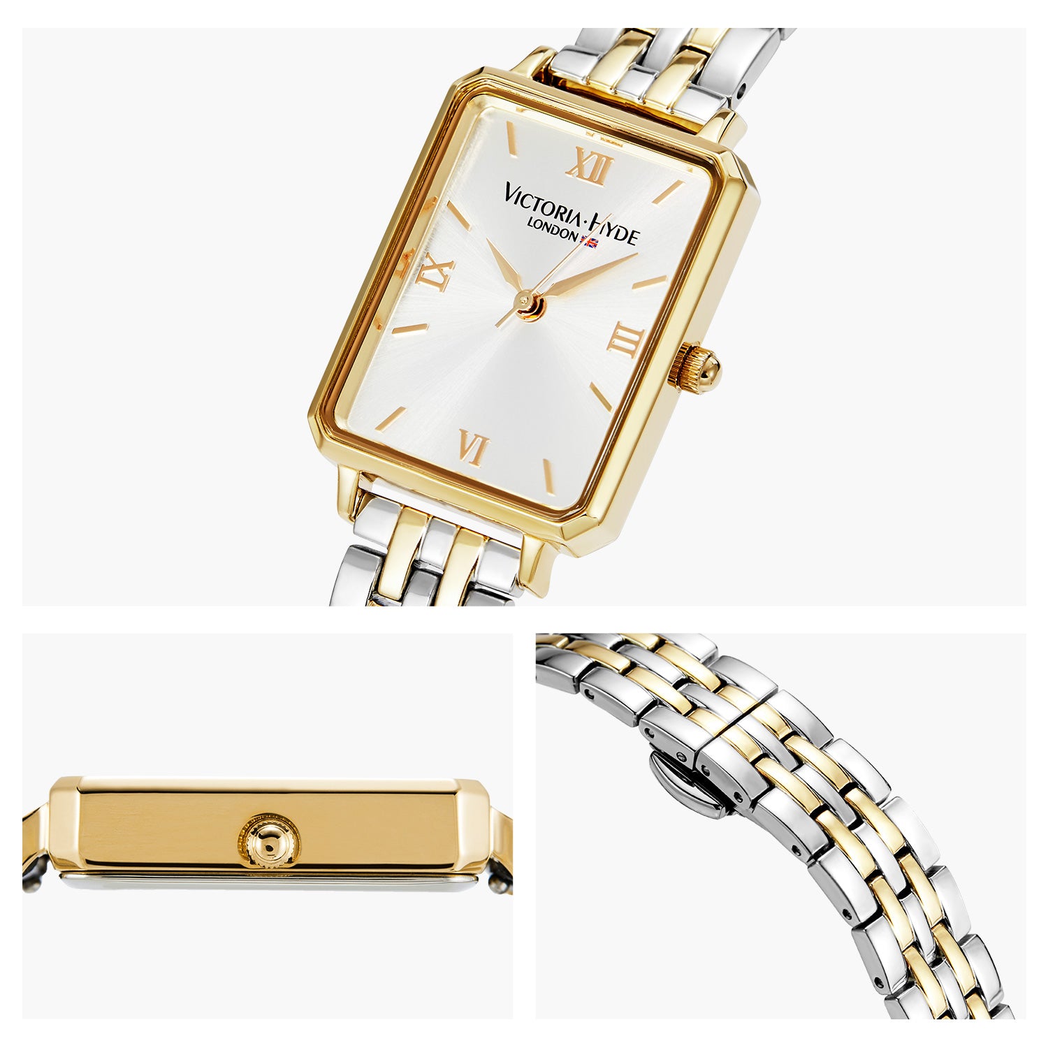Victoria Hyde Hampton ladies’ square watch – gold/silver stainless steel band, Miyota 2035 movement, mineral glass, 22x28 mm case, elegant design.