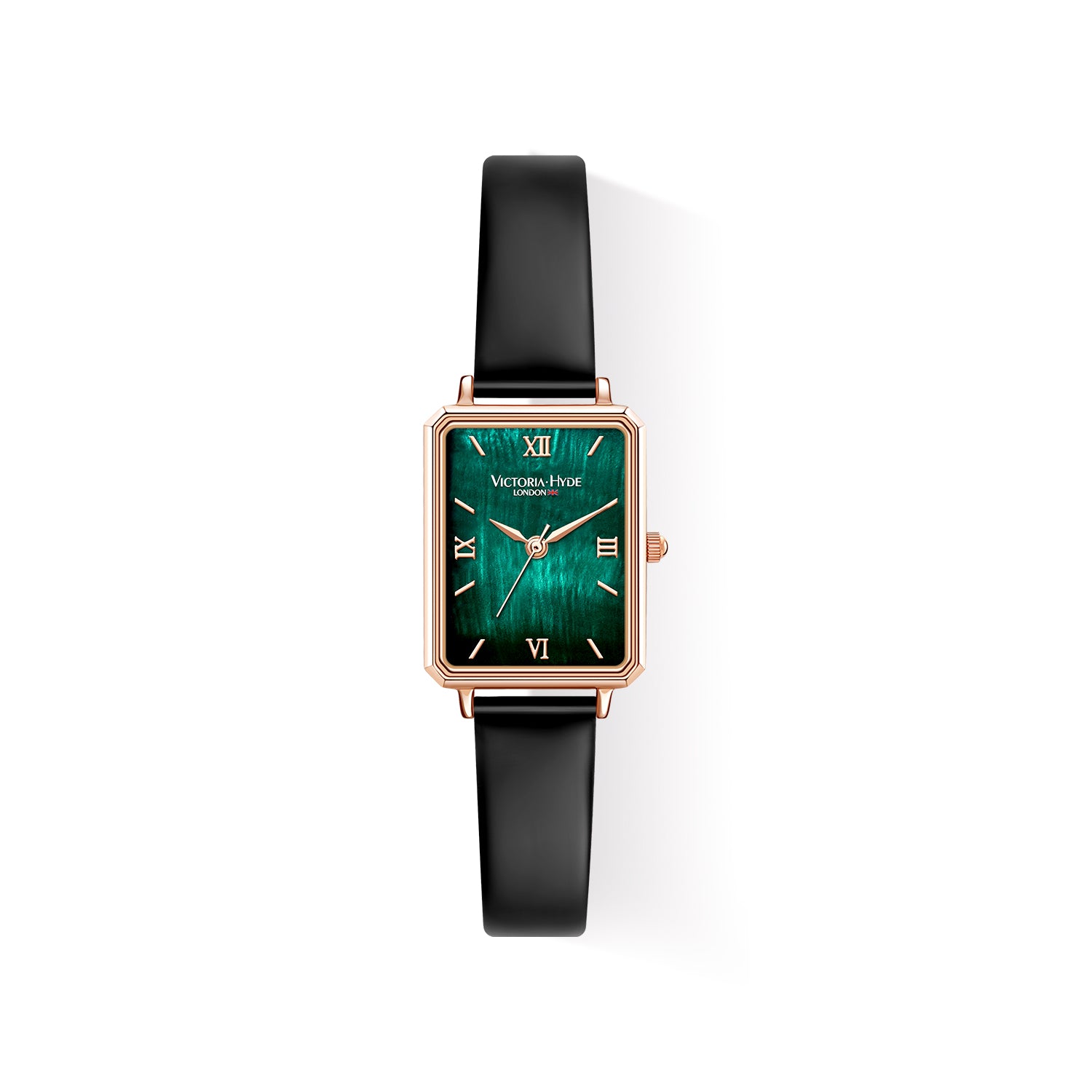 Victoria Hyde Hampton ladies' square watch – gold case, green dial, black leather strap, Miyota 2035 movement, mineral glass, 22x28 mm.