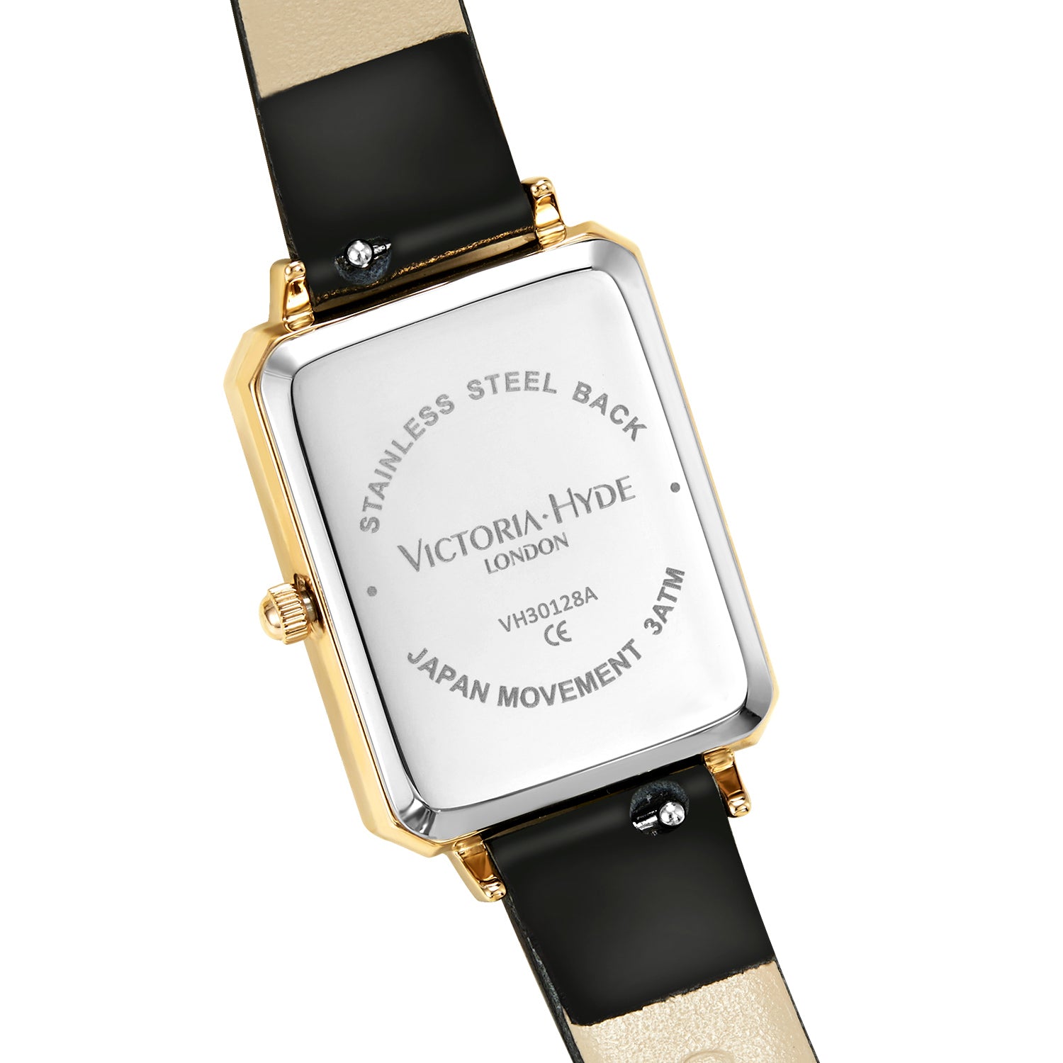 Victoria Hyde Hampton ladies' square watch – gold-tone case, leather strap, Miyota 2035 movement, mineral glass, 22x28 mm, elegant design.