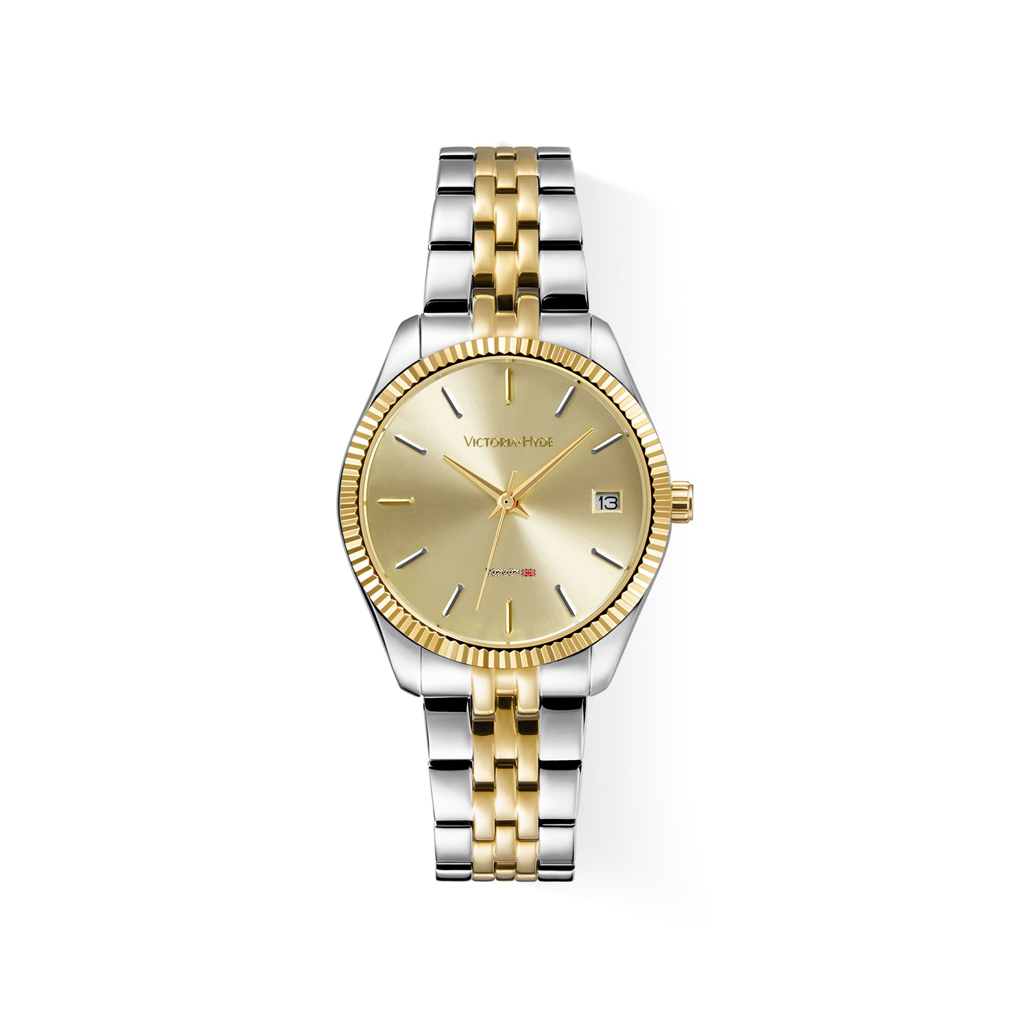 Victoria Hyde gold-silver watch with gold sunburst dial, calendar, stainless steel band, double butterfly clasp, 32mm case, 3-year battery.