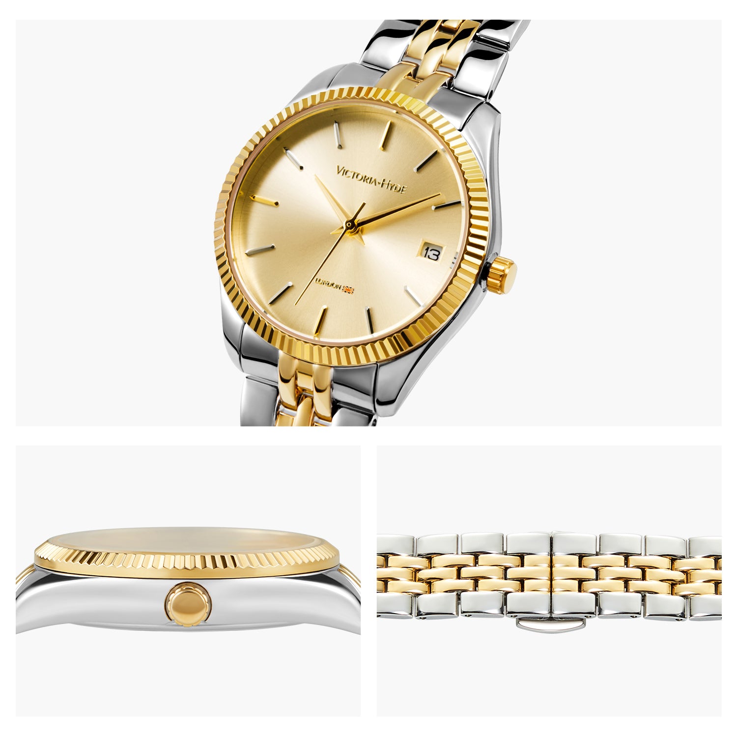 Victoria Hyde gold-silver watch with gold sunburst dial, calendar, stainless steel band, double butterfly clasp, 32mm case, 3-year battery.
