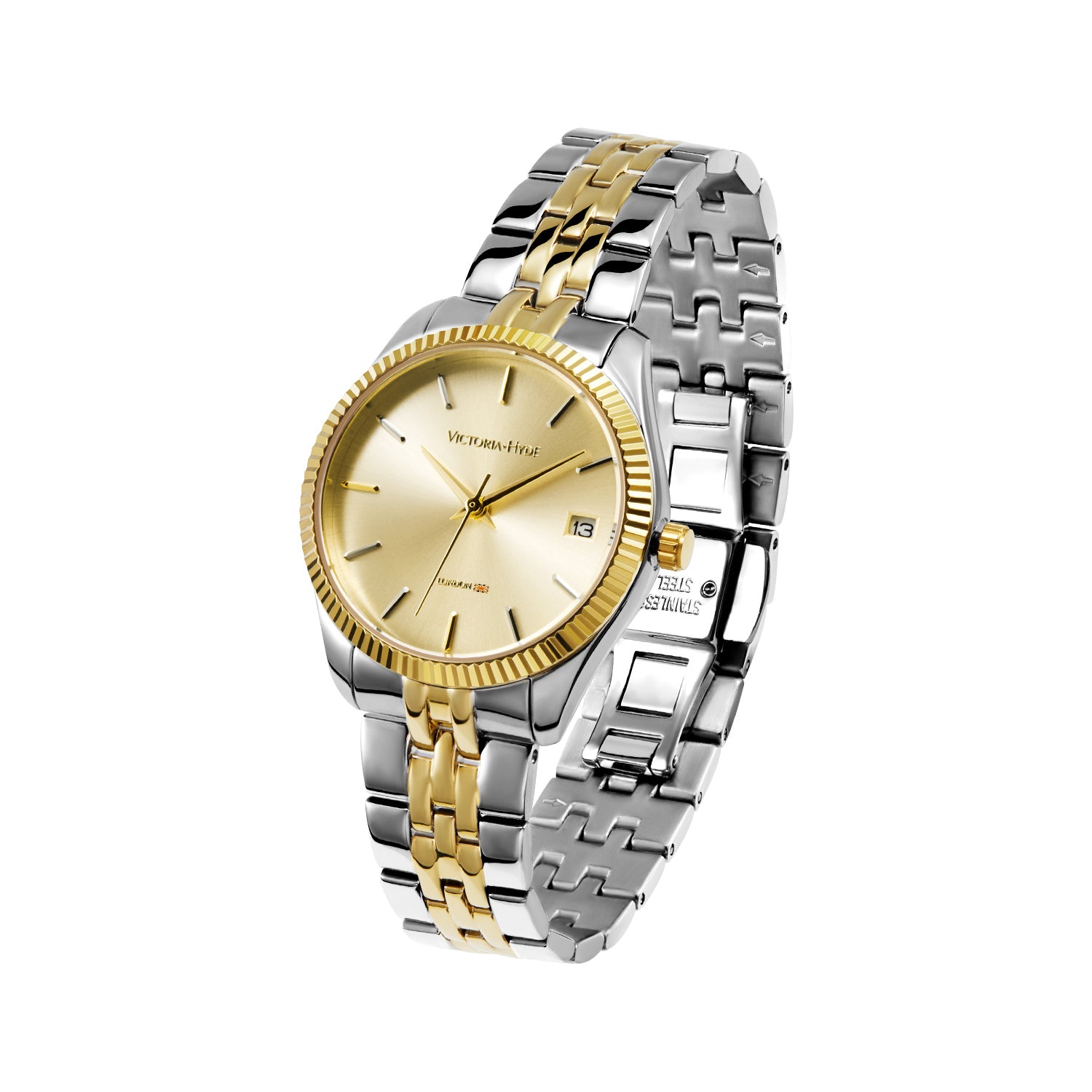 Victoria Hyde gold-silver watch with gold sunburst dial, calendar, stainless steel band, double butterfly clasp, 32mm case, 3-year battery.