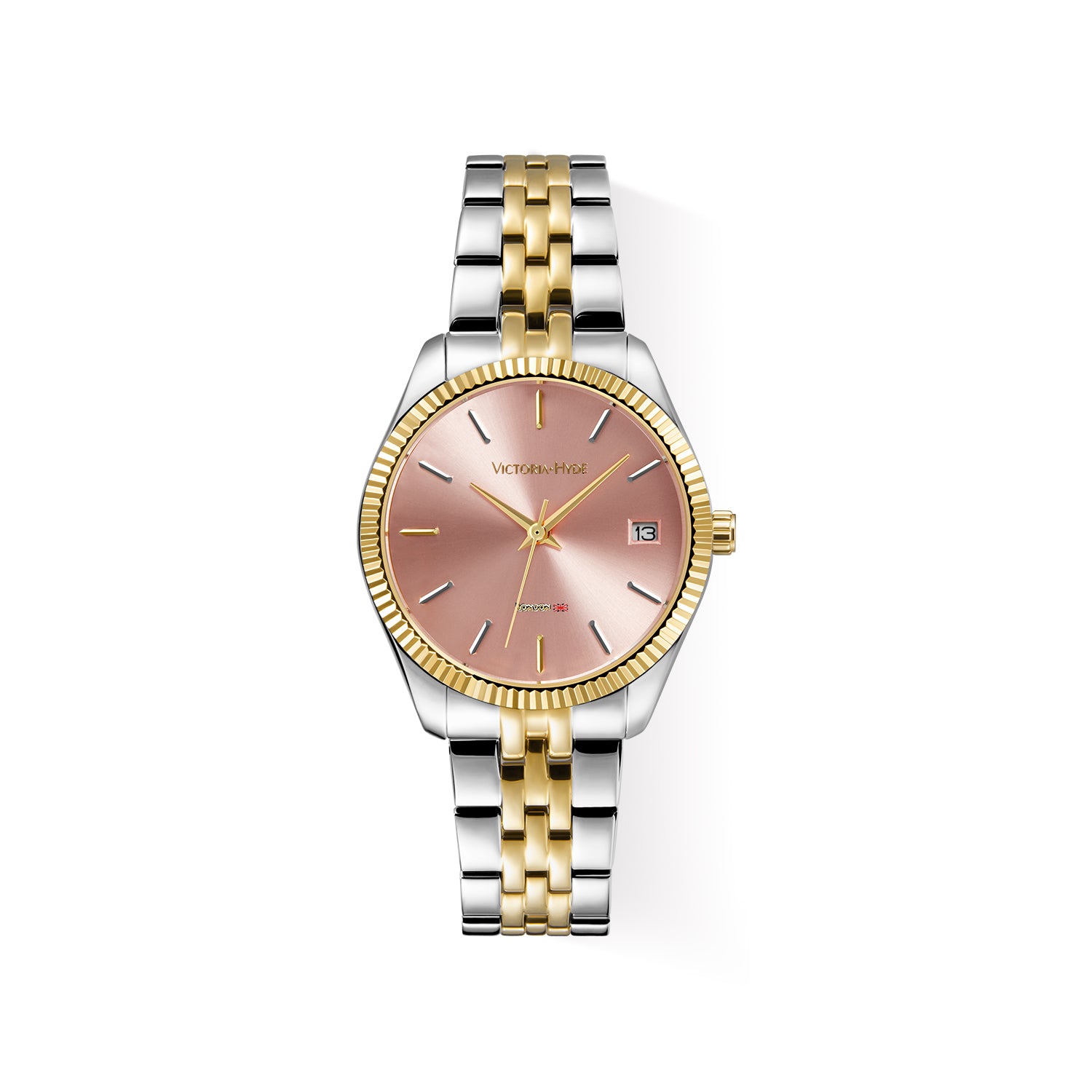 Victoria Hyde gold-silver watch with pink sunburst dial, calendar function, 32mm case, stainless steel bracelet – elegant timepiece.