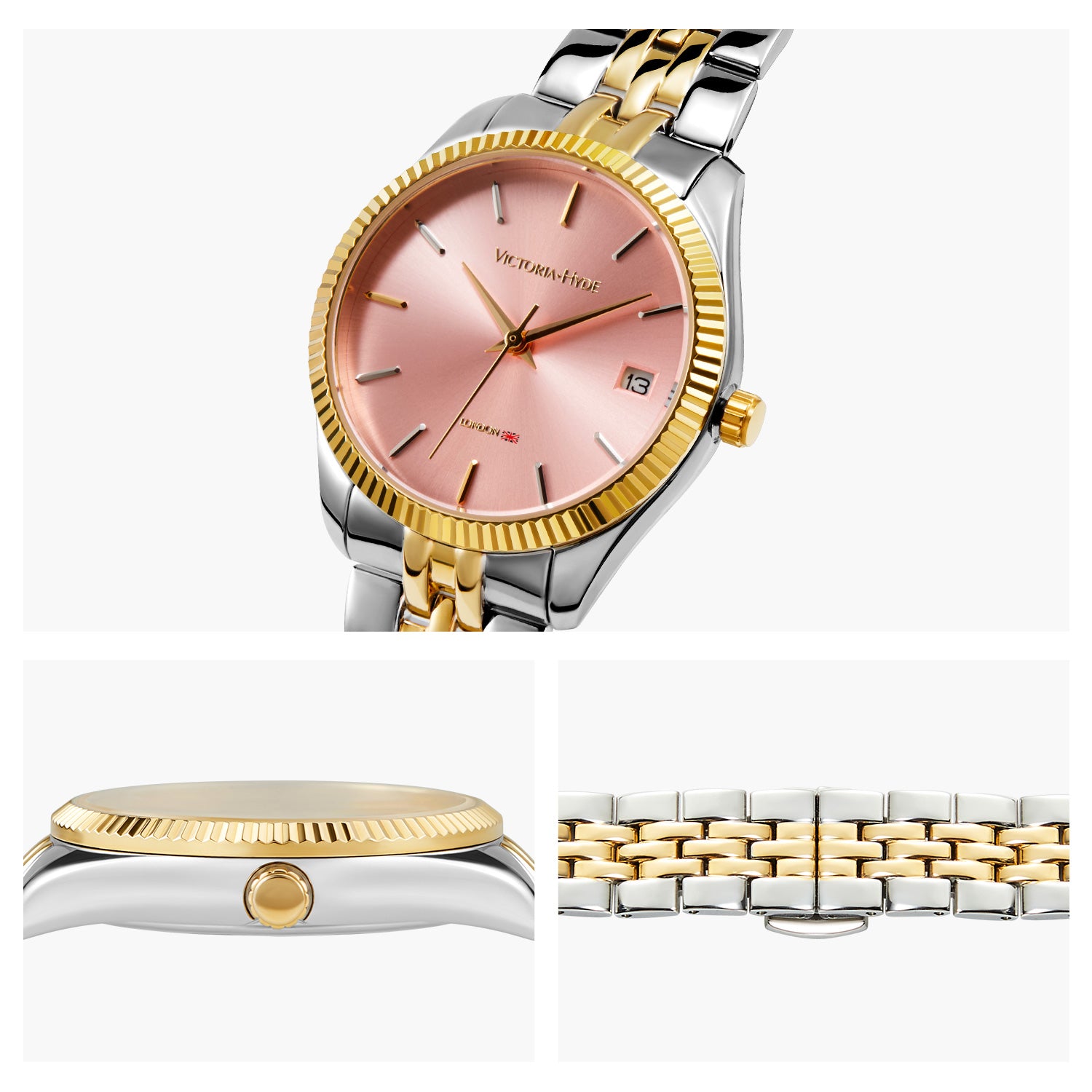 Victoria Hyde gold-silver watch with pink sunburst dial, calendar function, 32mm case, stainless steel bracelet – elegant timepiece.