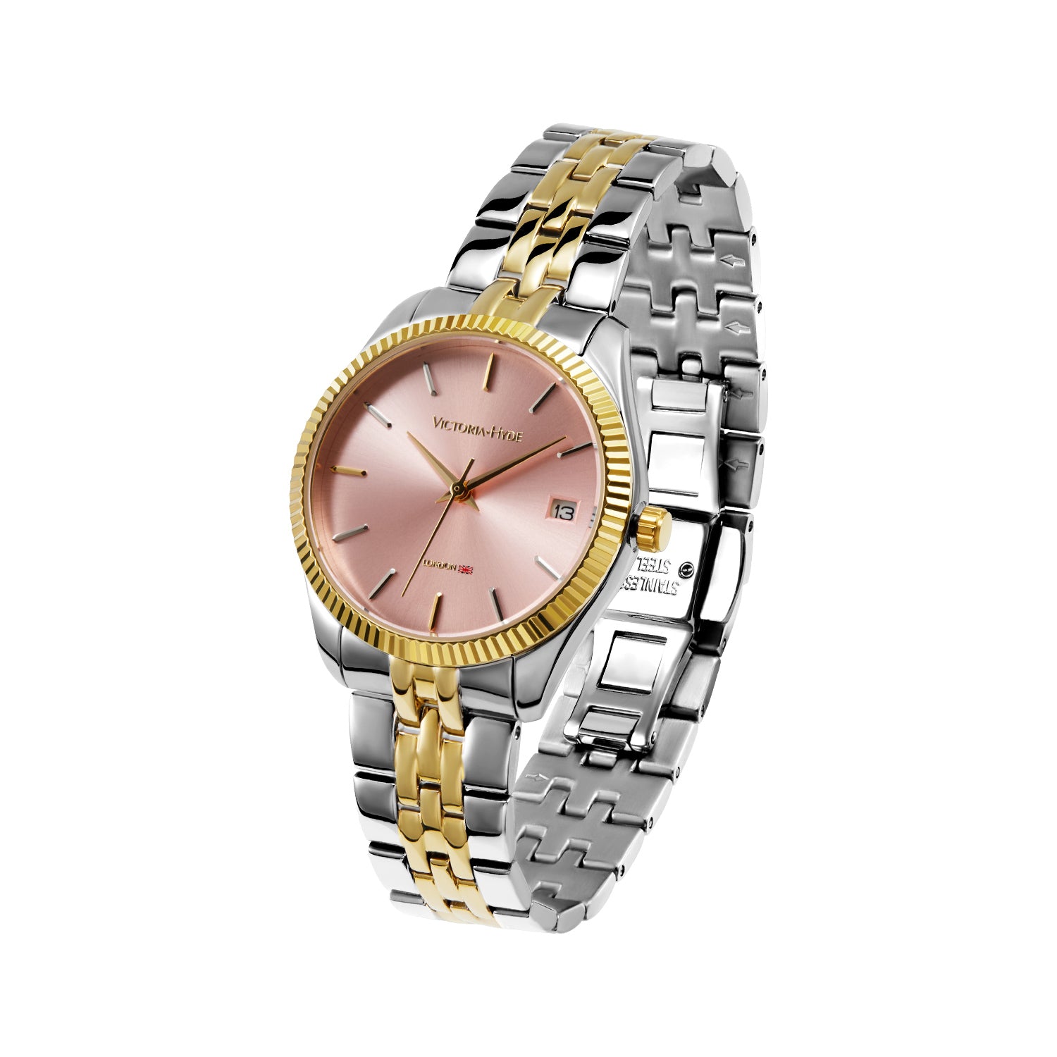 Victoria Hyde gold-silver watch with pink sunburst dial, calendar function, 32mm case, stainless steel bracelet – elegant timepiece.