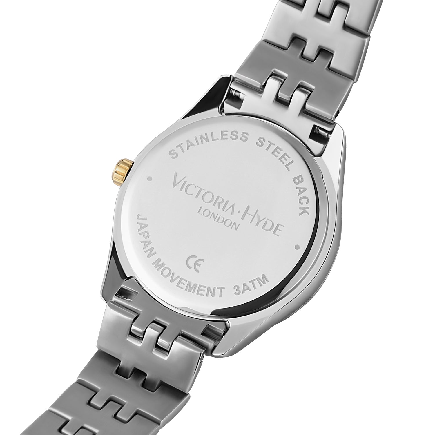 Victoria Hyde gold-silver watch with pink sunburst dial, calendar function, 32mm case, stainless steel bracelet – elegant timepiece.