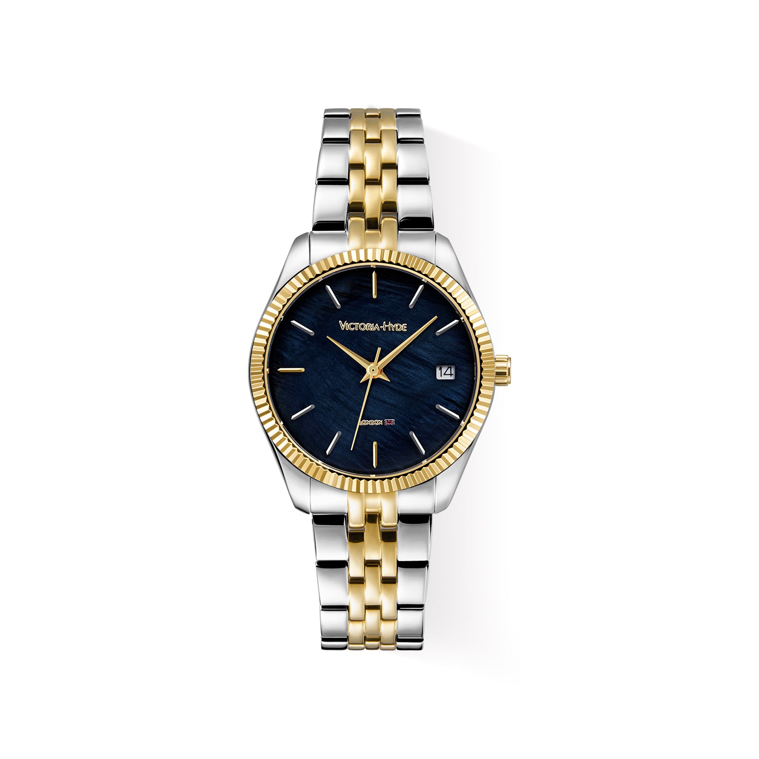 Victoria Hyde gold-silver watch with black sunray dial, calendar function, stainless steel bracelet, 32mm case – elegant and practical.