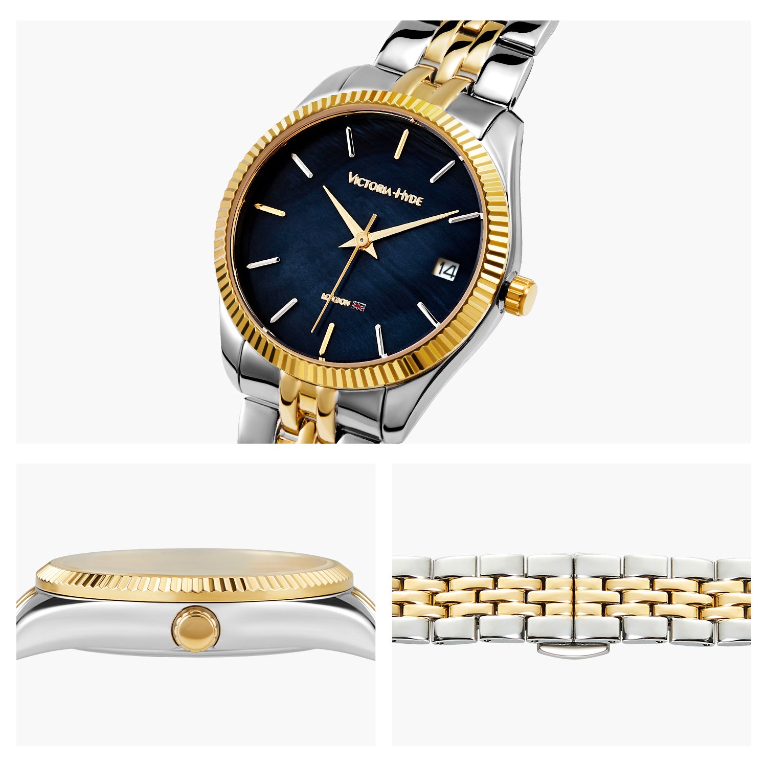 Victoria Hyde gold-silver watch with black sunray dial, calendar function, stainless steel bracelet, 32mm case – elegant and practical.