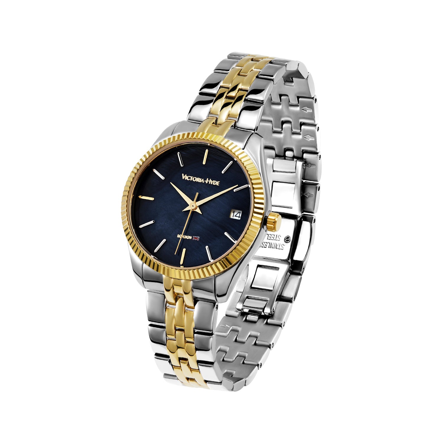 Victoria Hyde gold-silver watch with black sunray dial, calendar function, stainless steel bracelet, 32mm case – elegant and practical.