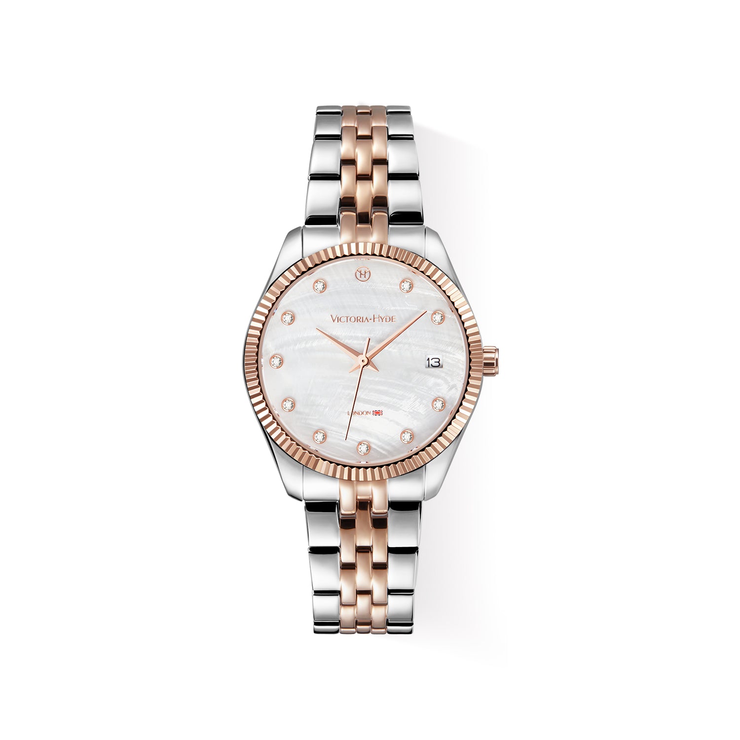 Victoria Hyde rose gold-silver watch, white sunray dial, calendar, crystal accents, eco-friendly copper case, solid steel bracelet, butterfly clasp.