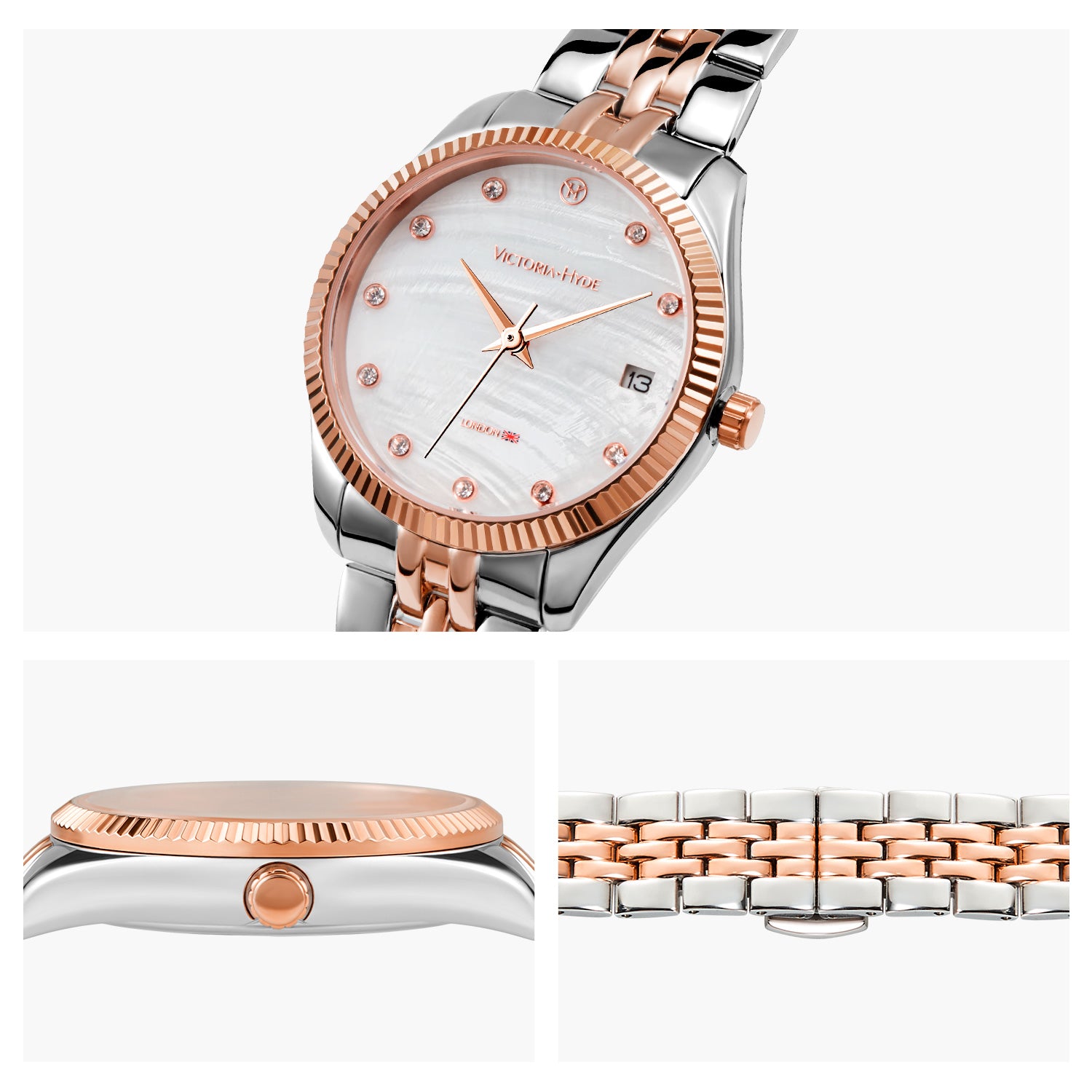 Victoria Hyde rose gold-silver watch, white sunray dial, calendar, crystal accents, eco-friendly copper case, solid steel bracelet, butterfly clasp.