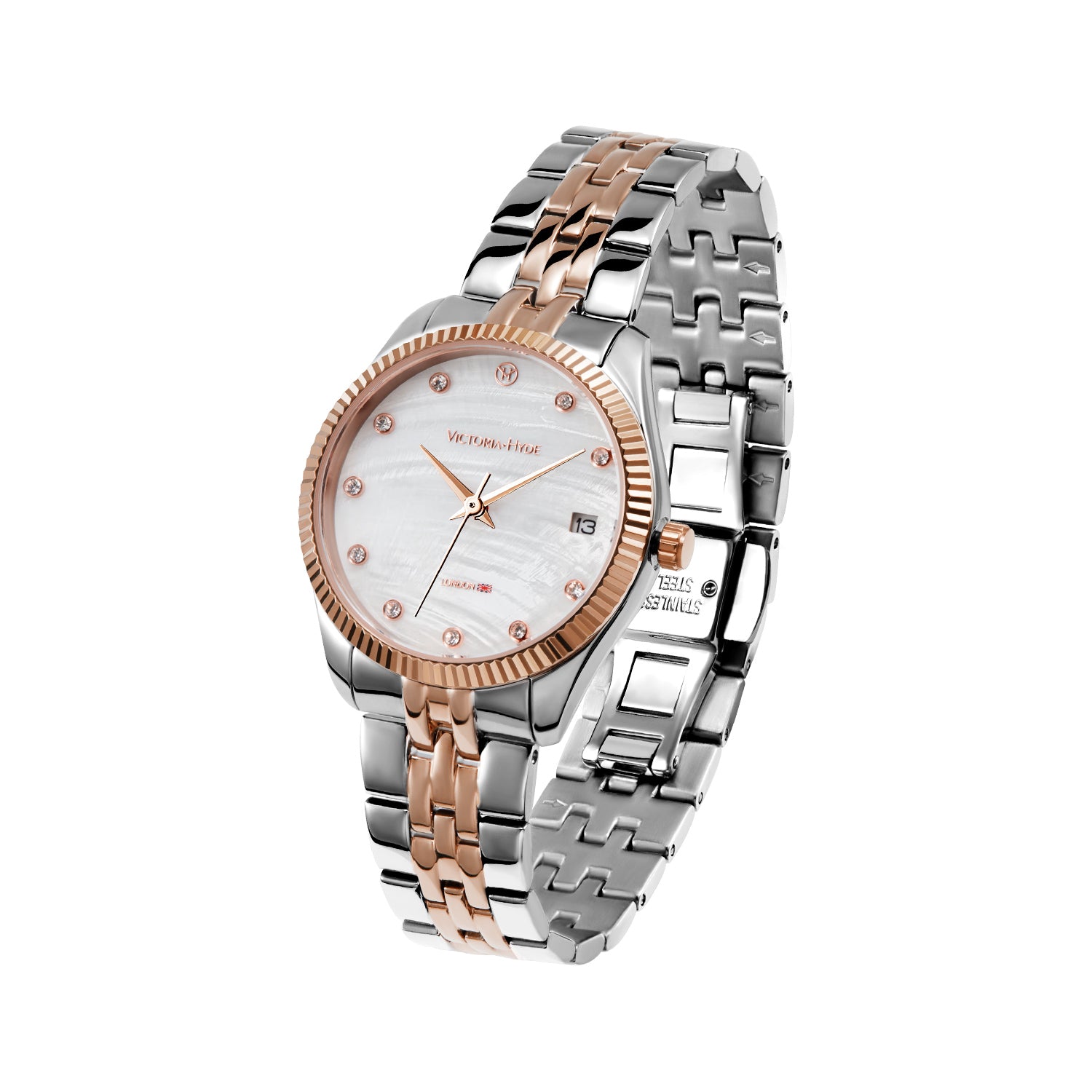Victoria Hyde rose gold-silver watch, white sunray dial, calendar, crystal accents, eco-friendly copper case, solid steel bracelet, butterfly clasp.