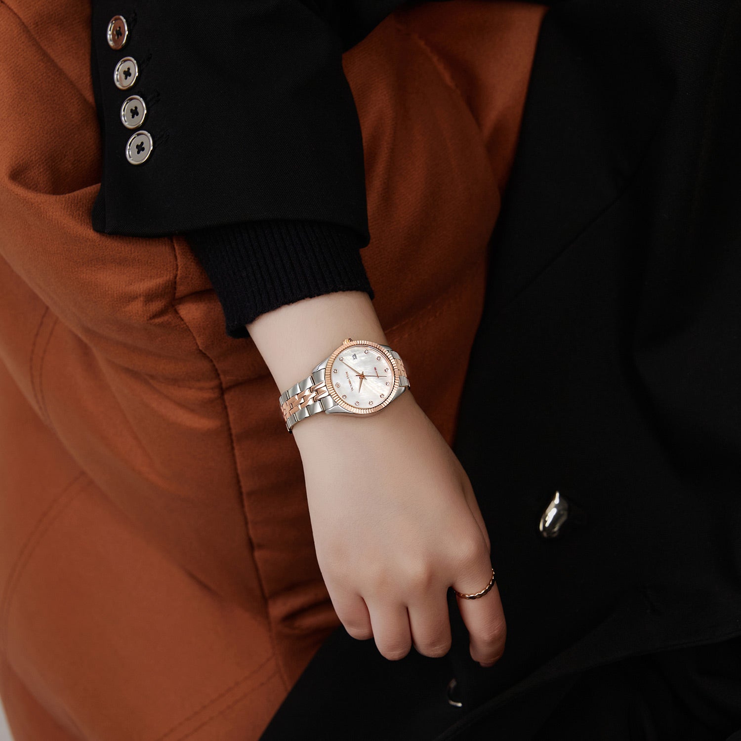 Victoria Hyde rose gold-silver watch, white sunray dial, calendar, crystal accents, eco-friendly copper case, solid steel bracelet, butterfly clasp.