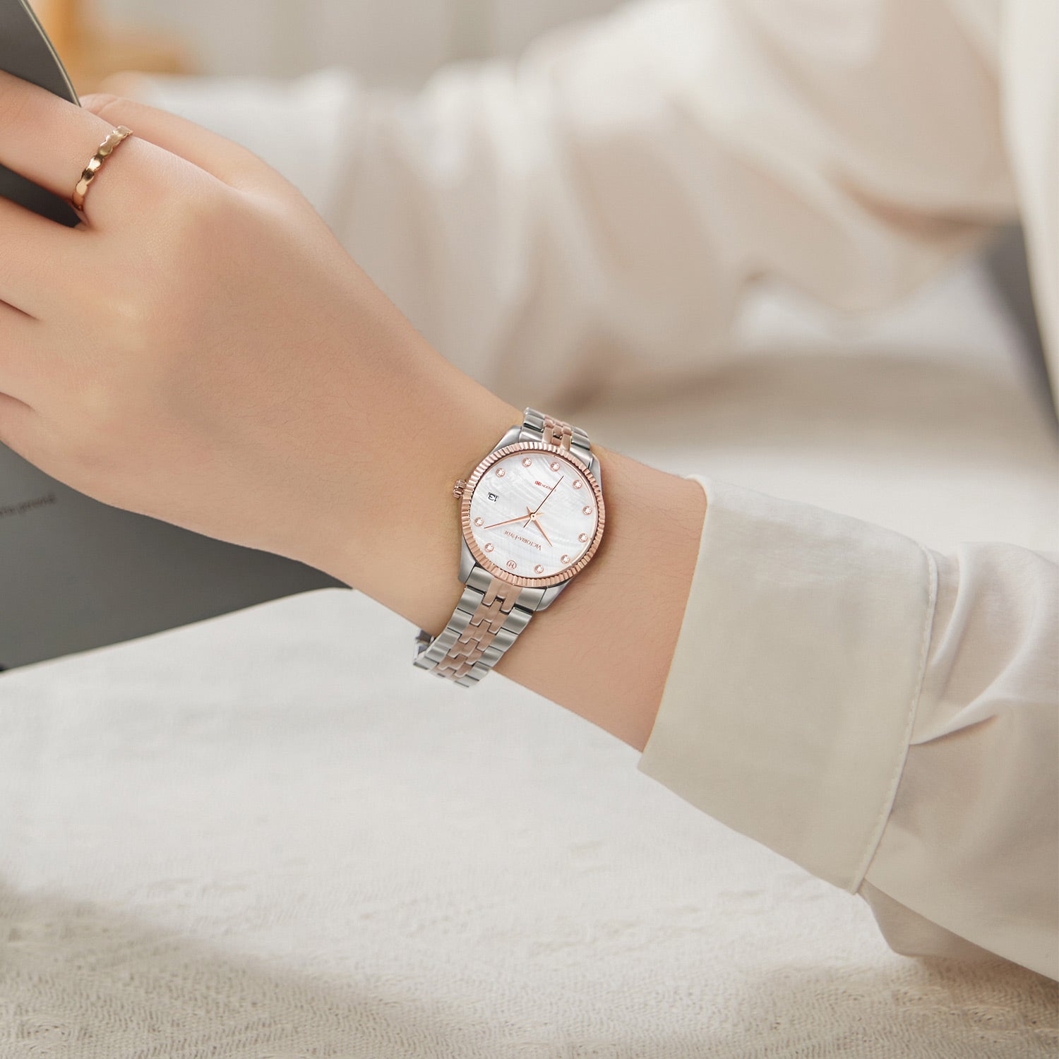 Victoria Hyde rose gold-silver watch, white sunray dial, calendar, crystal accents, eco-friendly copper case, solid steel bracelet, butterfly clasp.
