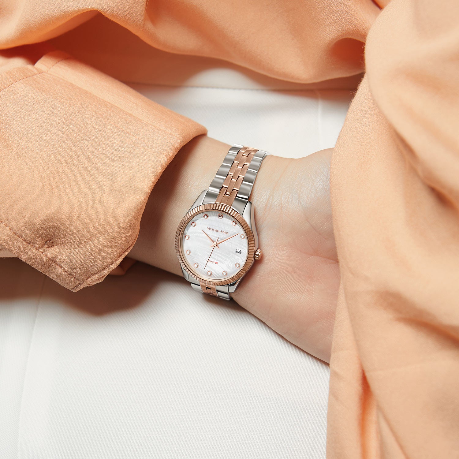 Victoria Hyde rose gold-silver watch, white sunray dial, calendar, crystal accents, eco-friendly copper case, solid steel bracelet, butterfly clasp.