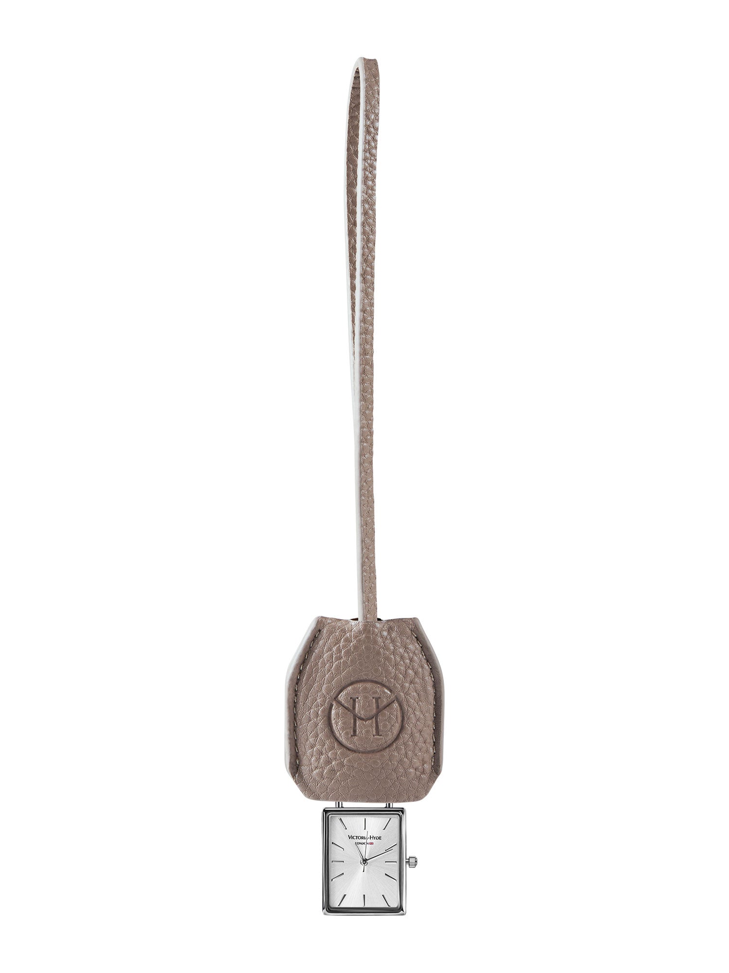Victoria Hyde nude bag charm with watch and chain. Minimalist design with logo and flag symbol. Timeless accessory, 185mm chain length. Elegant functionality.