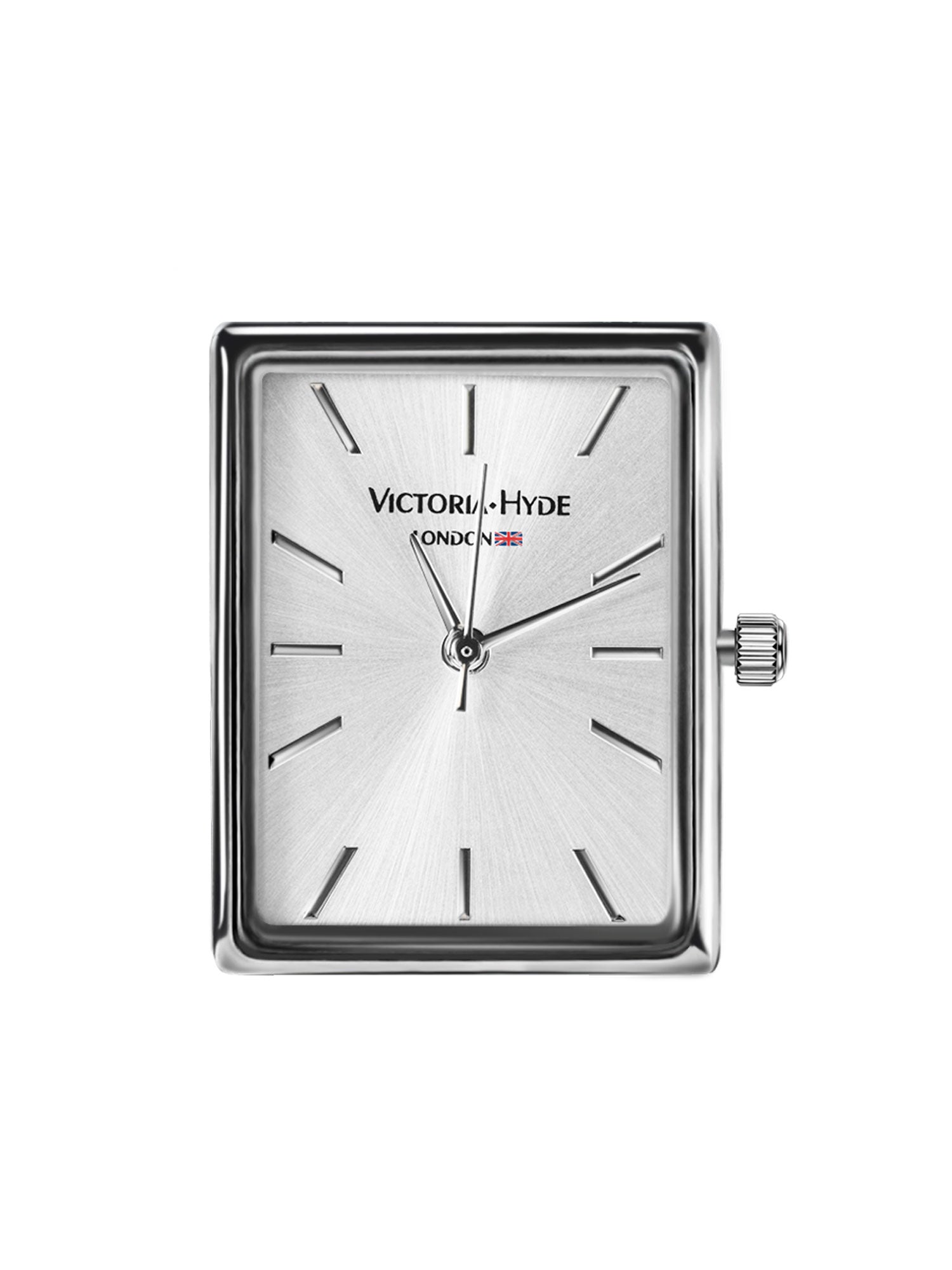 Victoria Hyde nude bag charm with watch and chain. Minimalist design with logo and flag symbol. Timeless accessory, 185mm chain length. Elegant functionality.