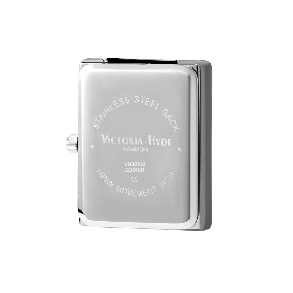 Victoria Hyde orange watch-shaped bag charm with chain. Minimalist design, subtle elegance, functional accessory. Pendant size 40x47 mm. Perfect for timeless style.