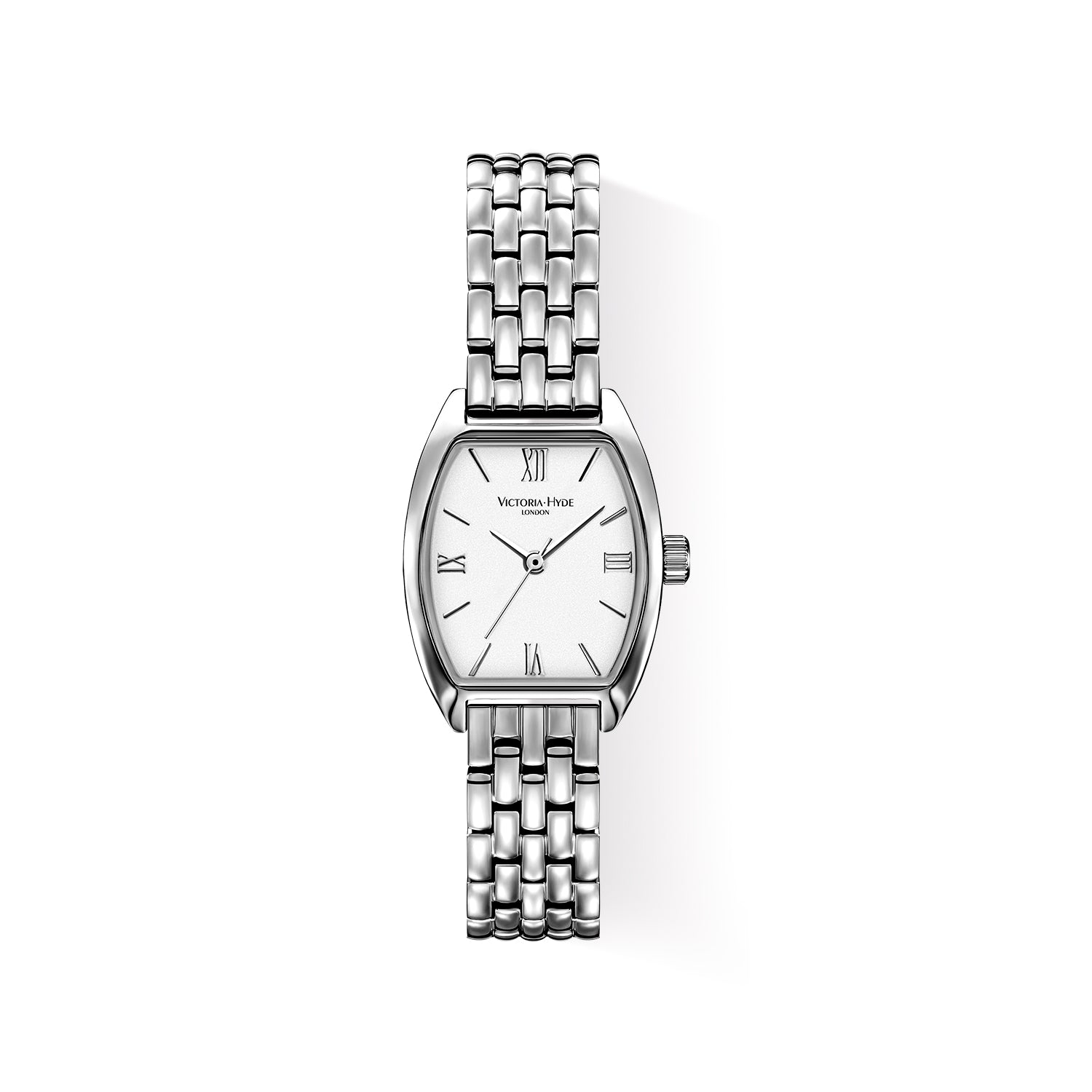 Silver Victoria Hyde London BARREL women's watch: tonneau copper case, sand-effect dial, steel bracelet, quartz movement, 3ATM.