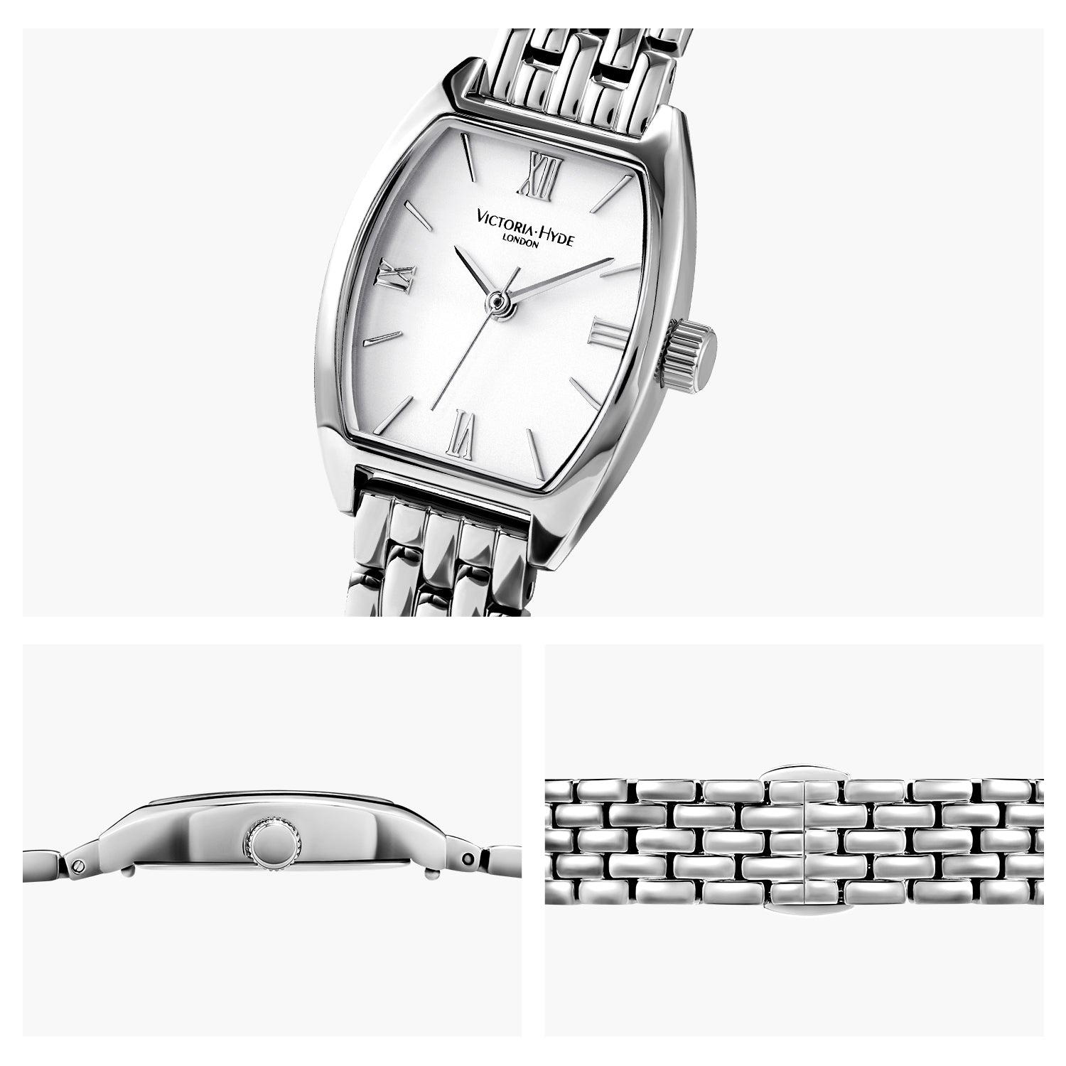 Silver Victoria Hyde London BARREL women's watch: tonneau copper case, sand-effect dial, steel bracelet, quartz movement, 3ATM.