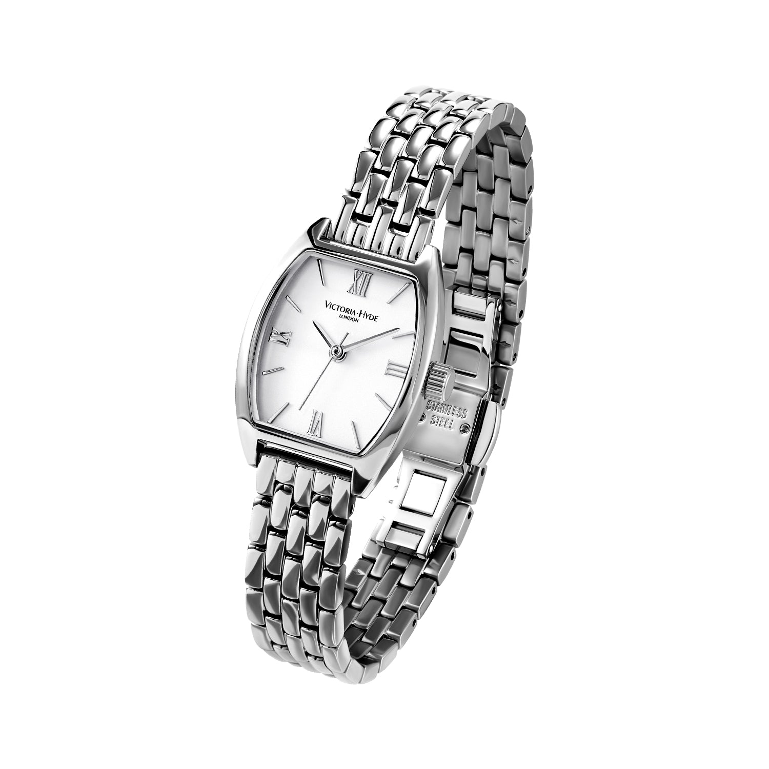 Silver Victoria Hyde London BARREL women's watch: tonneau copper case, sand-effect dial, steel bracelet, quartz movement, 3ATM.