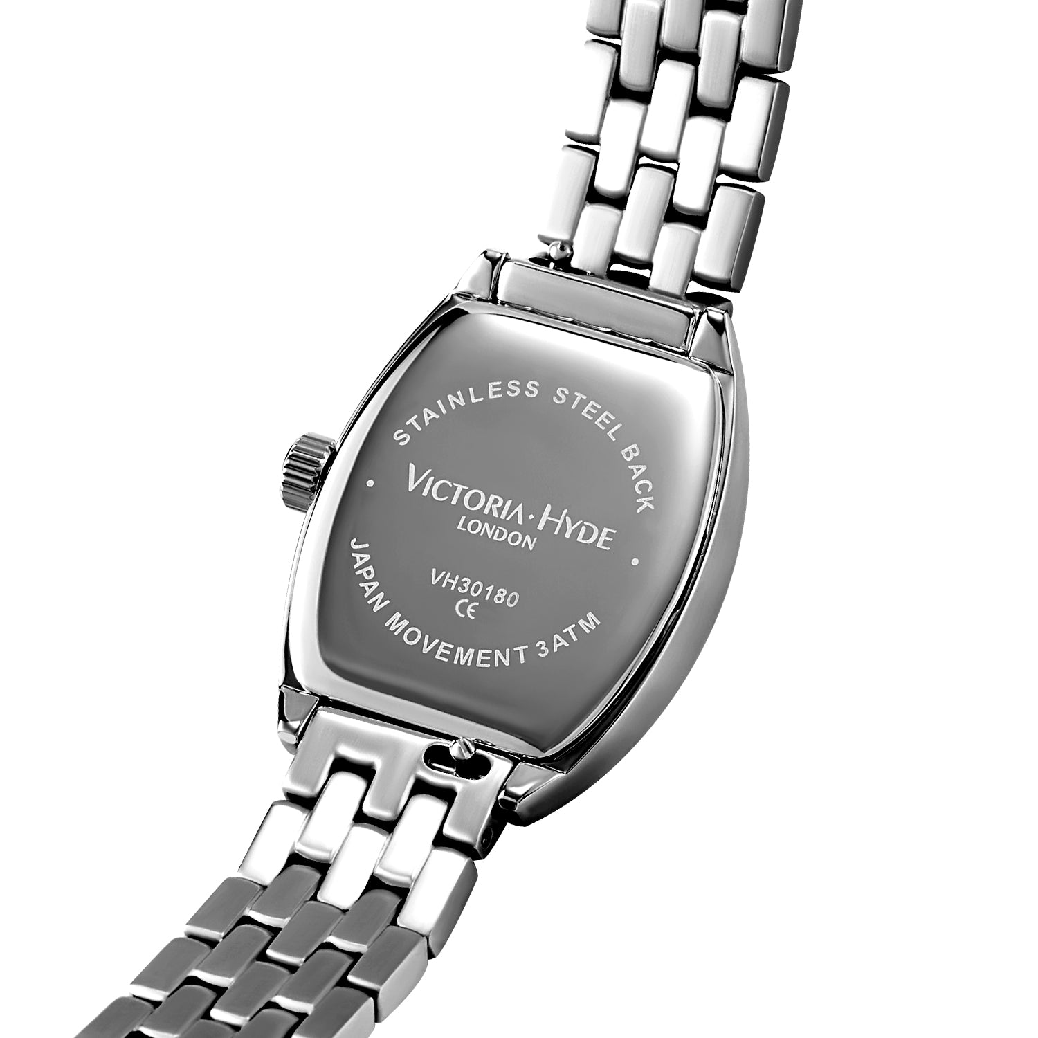 Silver Victoria Hyde London BARREL women's watch: tonneau copper case, sand-effect dial, steel bracelet, quartz movement, 3ATM.