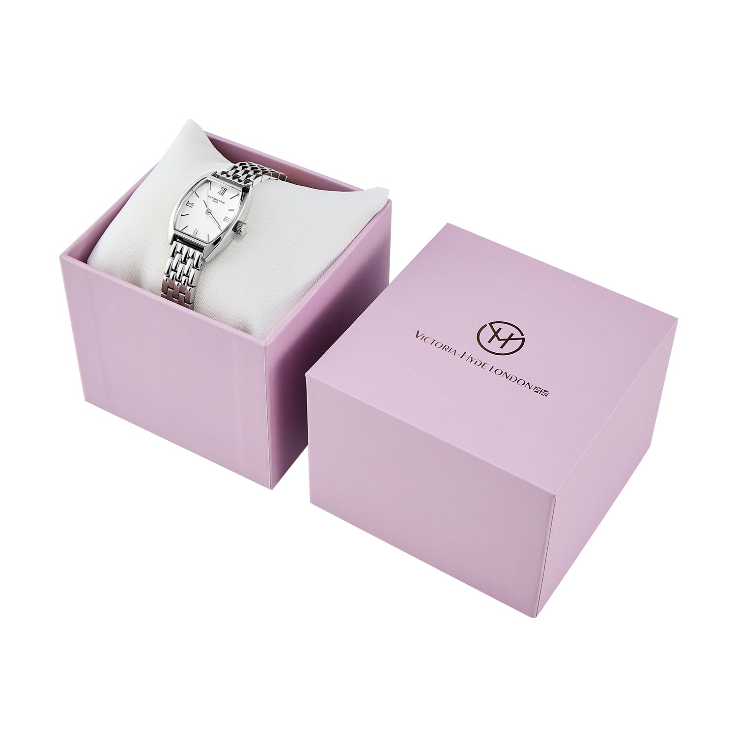 Silver Victoria Hyde London BARREL women's watch: tonneau copper case, sand-effect dial, steel bracelet, quartz movement, 3ATM.