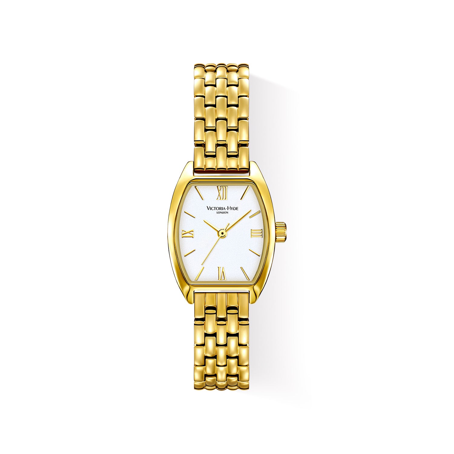 Elegant Victoria Hyde London ladies' watch, BARREL series. Light gold tonneau case, silver sand-dial, quartz movement, 3ATM water resistance.