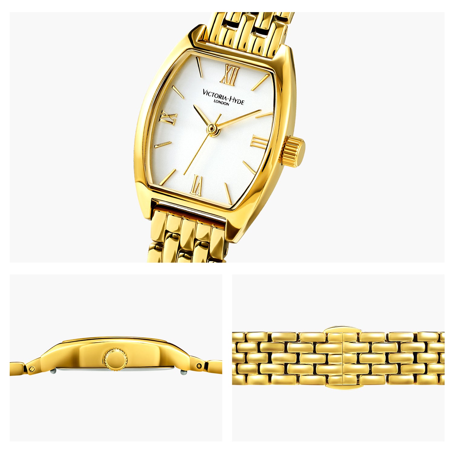 Elegant Victoria Hyde London ladies' watch, BARREL series. Light gold tonneau case, silver sand-dial, quartz movement, 3ATM water resistance.