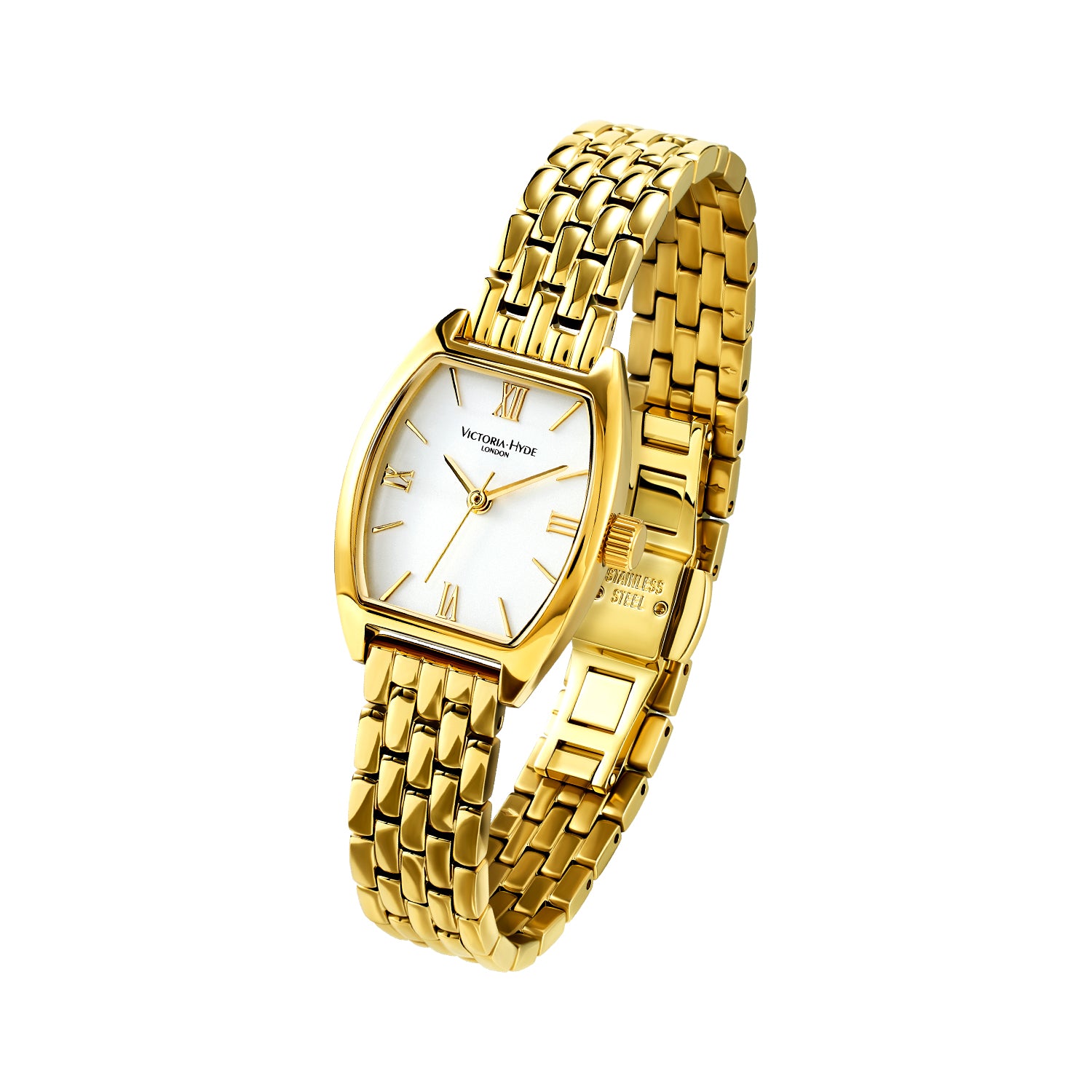 Elegant Victoria Hyde London ladies' watch, BARREL series. Light gold tonneau case, silver sand-dial, quartz movement, 3ATM water resistance.