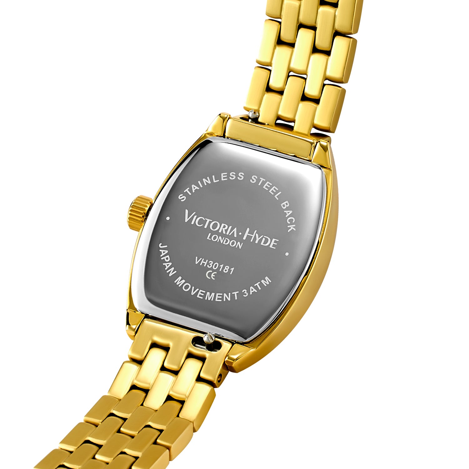 Elegant Victoria Hyde London ladies' watch, BARREL series. Light gold tonneau case, silver sand-dial, quartz movement, 3ATM water resistance.