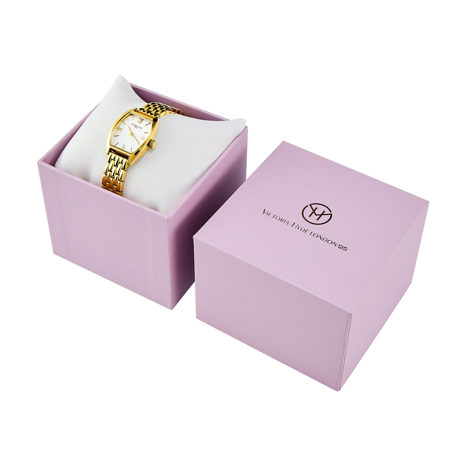 Elegant Victoria Hyde London ladies' watch, BARREL series. Light gold tonneau case, silver sand-dial, quartz movement, 3ATM water resistance.