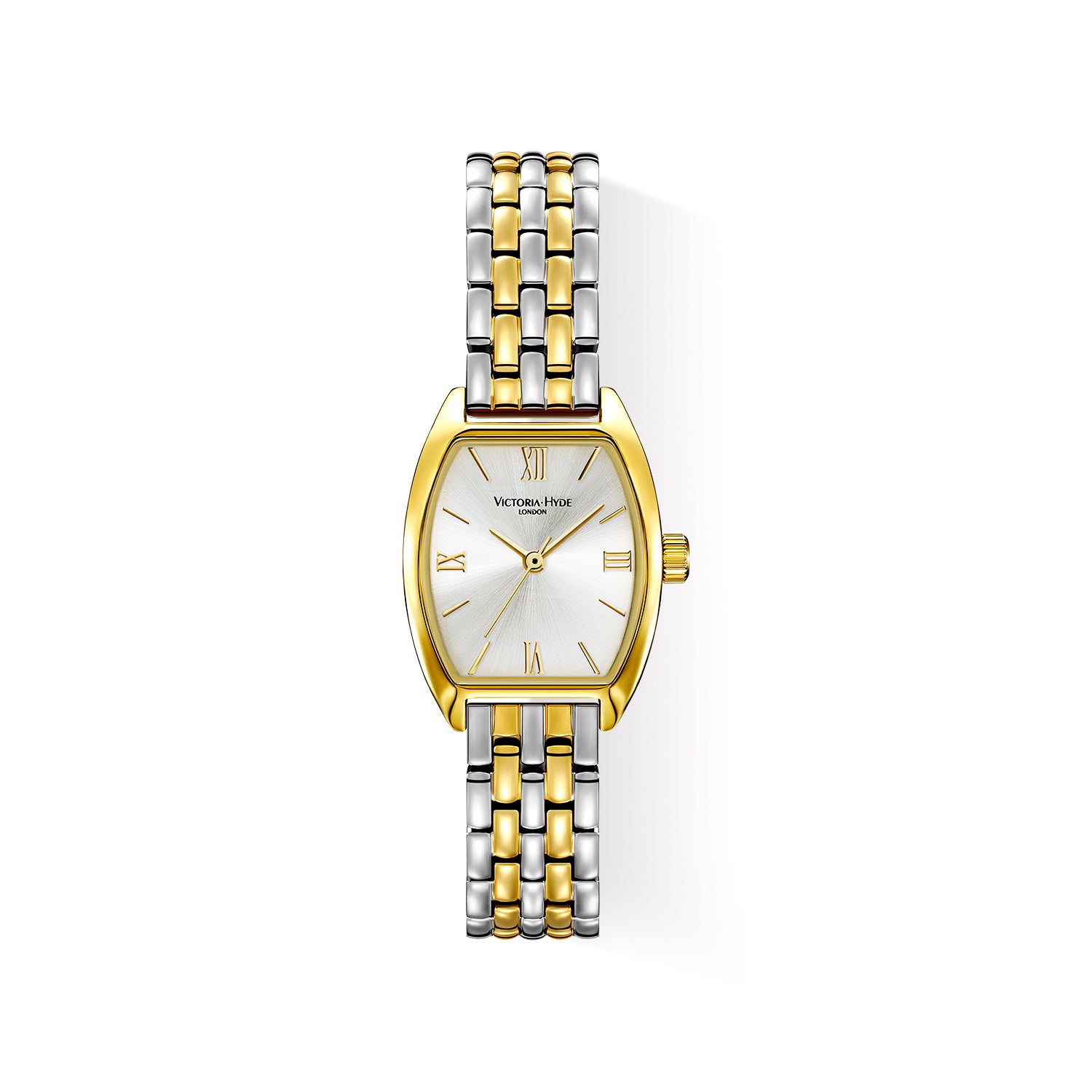 Victoria Hyde London BARREL women's watch, silver-gold tonneau copper case, sunburst dial, stainless steel bracelet with light gold accents, quartz movement.