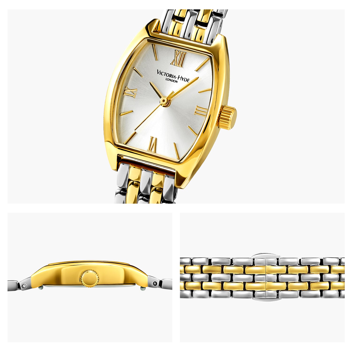 Victoria Hyde London BARREL women's watch, silver-gold tonneau copper case, sunburst dial, stainless steel bracelet with light gold accents, quartz movement.
