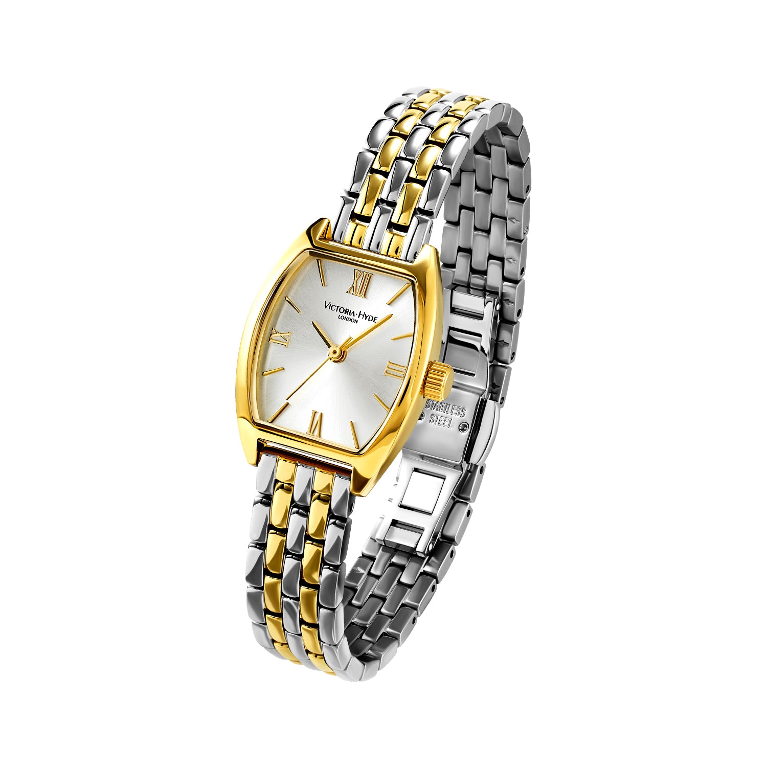 Victoria Hyde London BARREL women's watch, silver-gold tonneau copper case, sunburst dial, stainless steel bracelet with light gold accents, quartz movement.