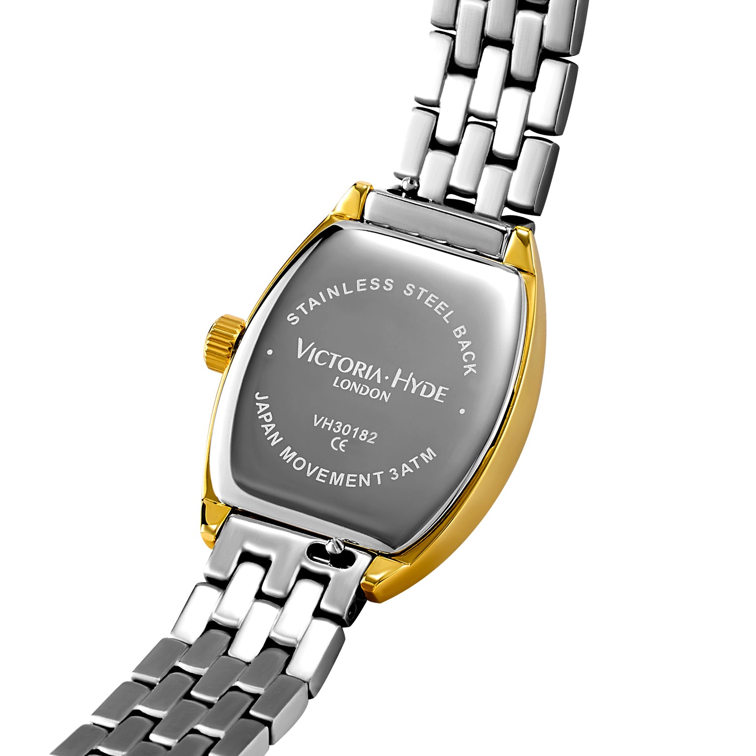 Victoria Hyde London BARREL women's watch, silver-gold tonneau copper case, sunburst dial, stainless steel bracelet with light gold accents, quartz movement.