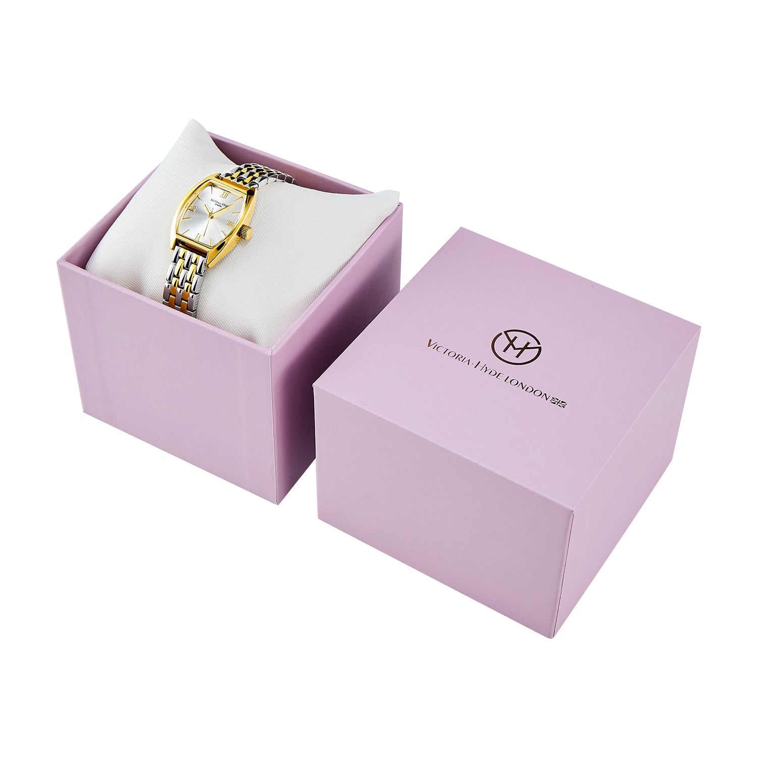Victoria Hyde London BARREL women's watch, silver-gold tonneau copper case, sunburst dial, stainless steel bracelet with light gold accents, quartz movement.