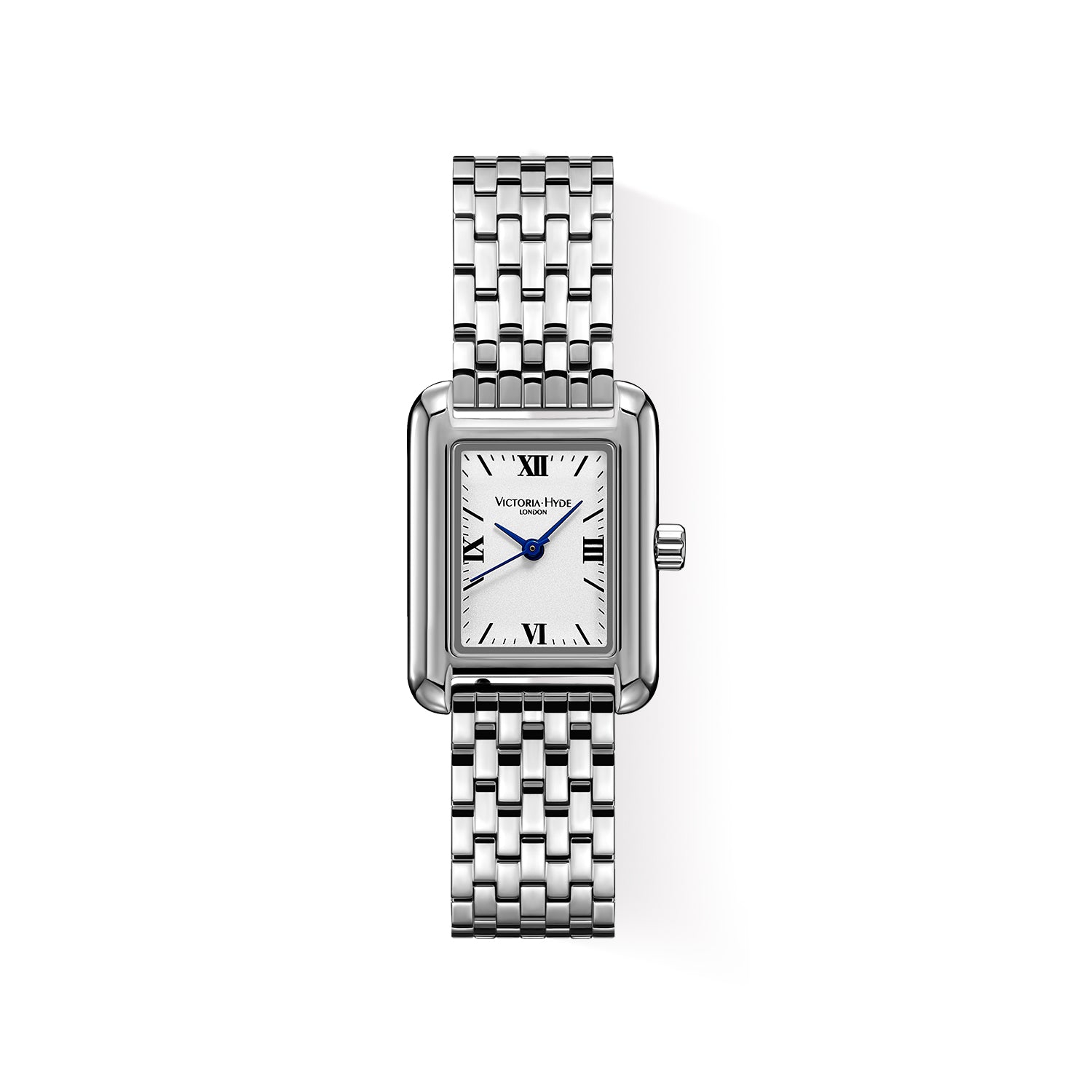 Victoria Hyde London RETRO women's watch: silver square eco-friendly copper case, sand effect dial, stainless steel bracelet, Miyota quartz movement, 3ATM water resistant.