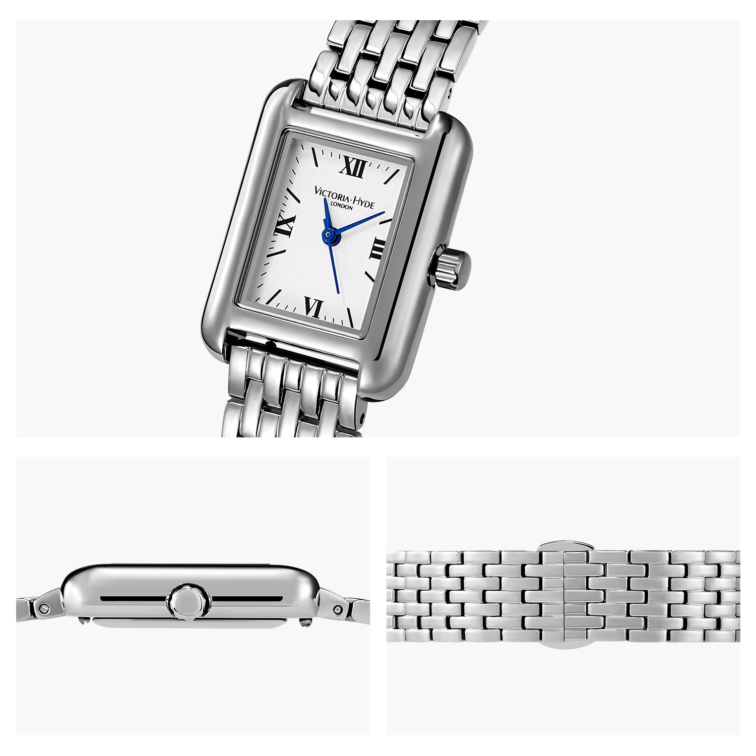Victoria Hyde London RETRO women's watch: silver square eco-friendly copper case, sand effect dial, stainless steel bracelet, Miyota quartz movement, 3ATM water resistant.