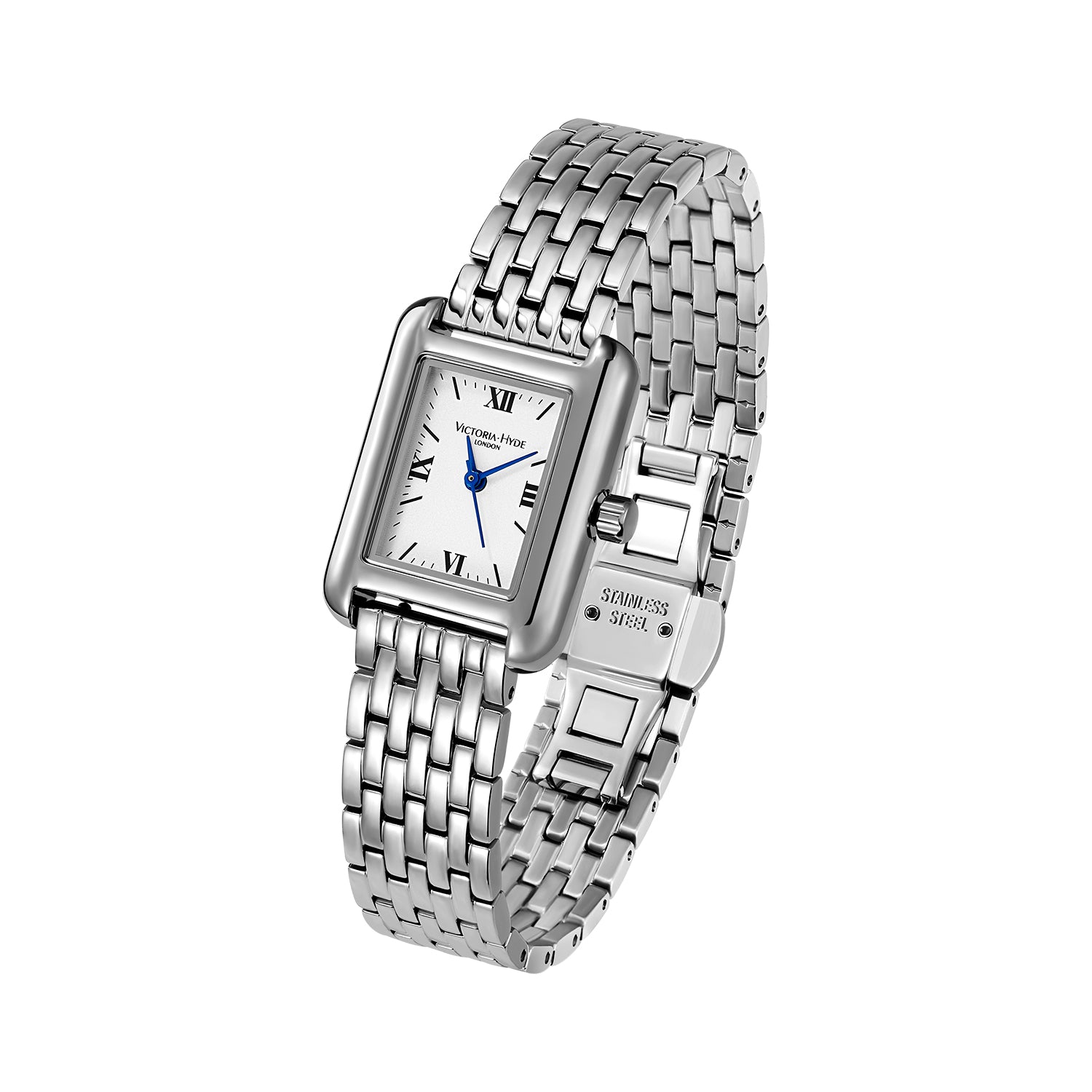 Victoria Hyde London RETRO women's watch: silver square eco-friendly copper case, sand effect dial, stainless steel bracelet, Miyota quartz movement, 3ATM water resistant.