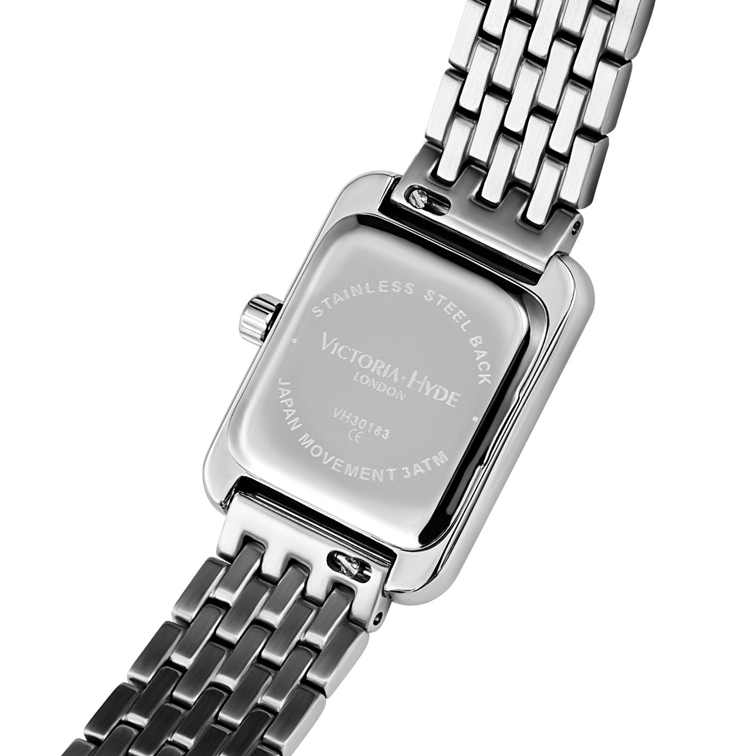 Victoria Hyde London RETRO women's watch: silver square eco-friendly copper case, sand effect dial, stainless steel bracelet, Miyota quartz movement, 3ATM water resistant.