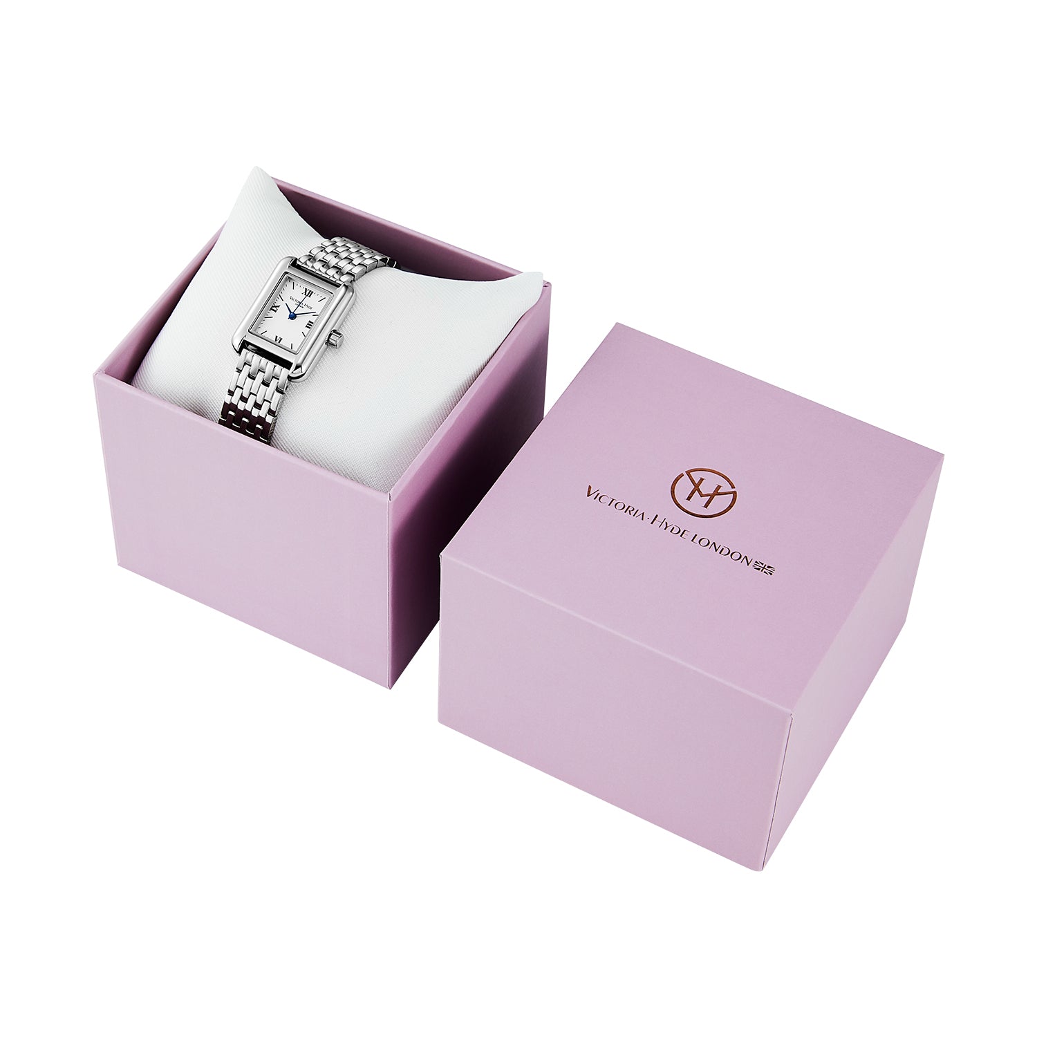 Victoria Hyde London RETRO women's watch: silver square eco-friendly copper case, sand effect dial, stainless steel bracelet, Miyota quartz movement, 3ATM water resistant.