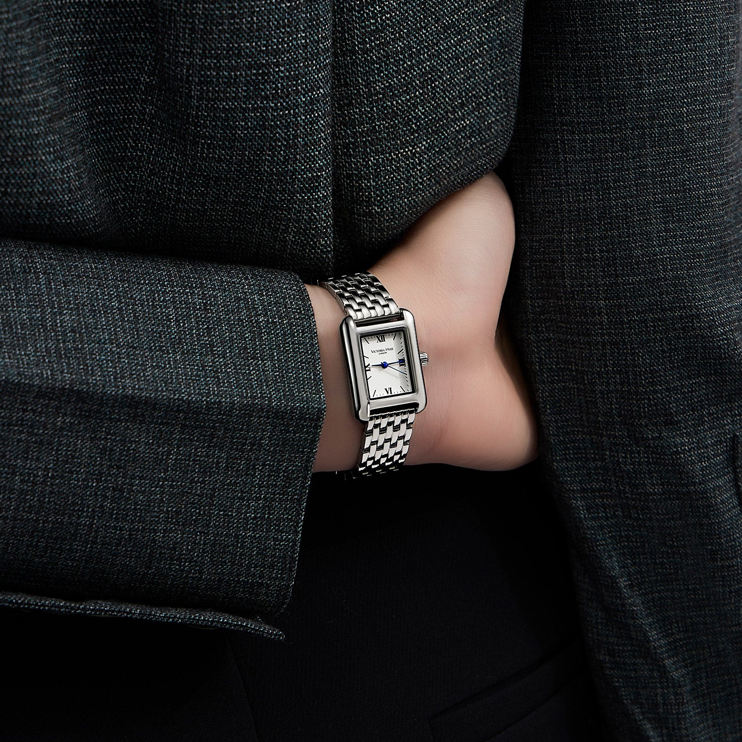 Victoria Hyde London RETRO women's watch: silver square eco-friendly copper case, sand effect dial, stainless steel bracelet, Miyota quartz movement, 3ATM water resistant.