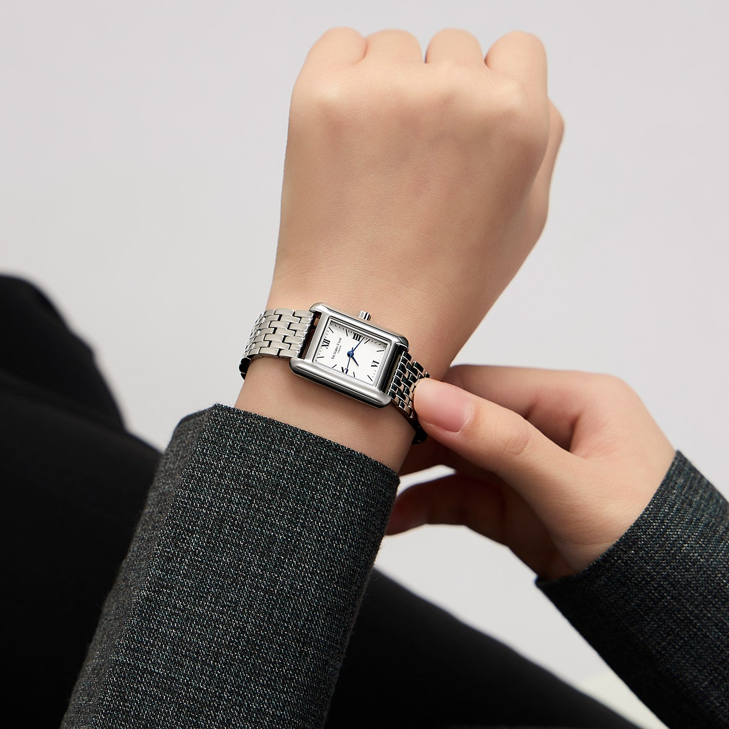 Victoria Hyde London RETRO women's watch: silver square eco-friendly copper case, sand effect dial, stainless steel bracelet, Miyota quartz movement, 3ATM water resistant.