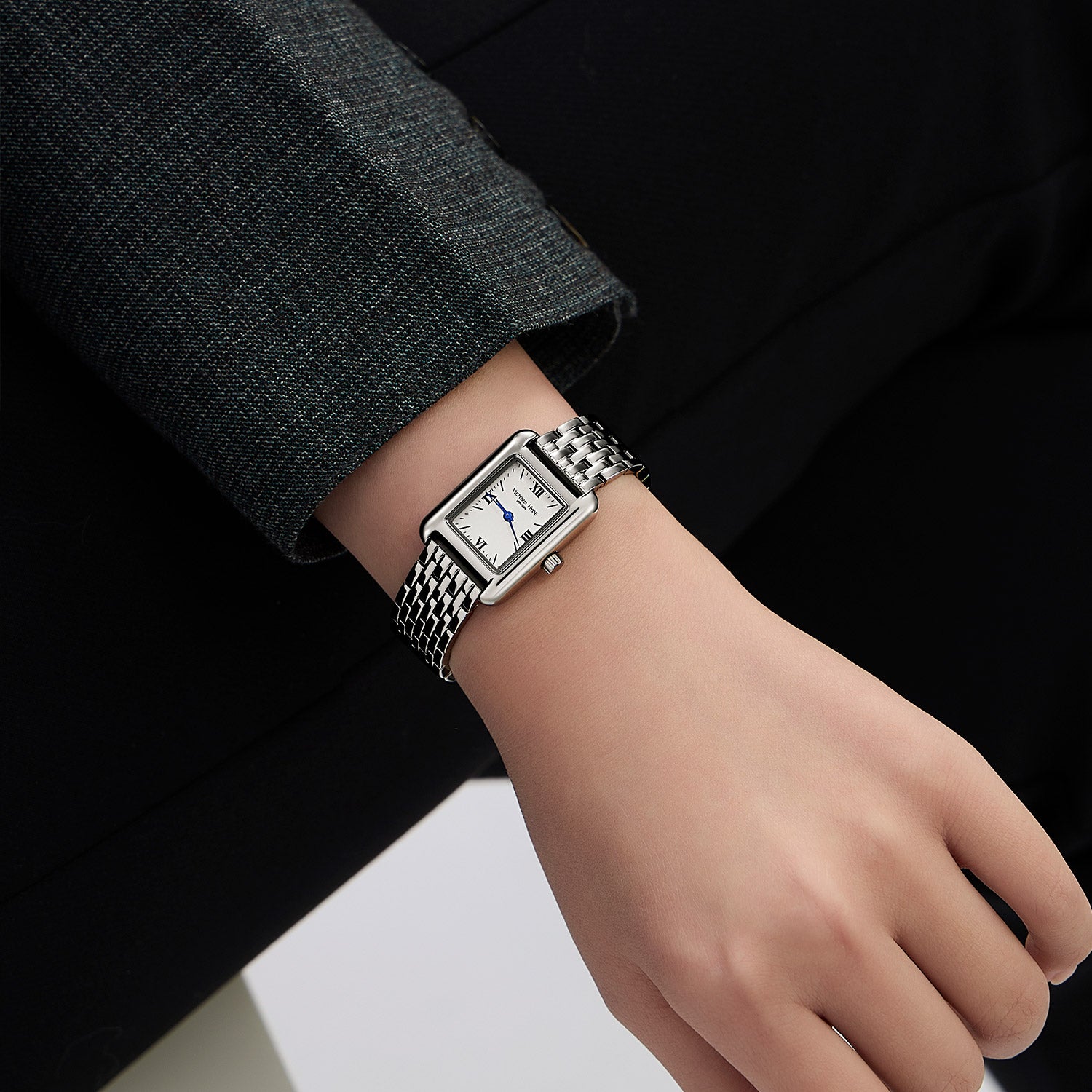 Victoria Hyde London RETRO women's watch: silver square eco-friendly copper case, sand effect dial, stainless steel bracelet, Miyota quartz movement, 3ATM water resistant.