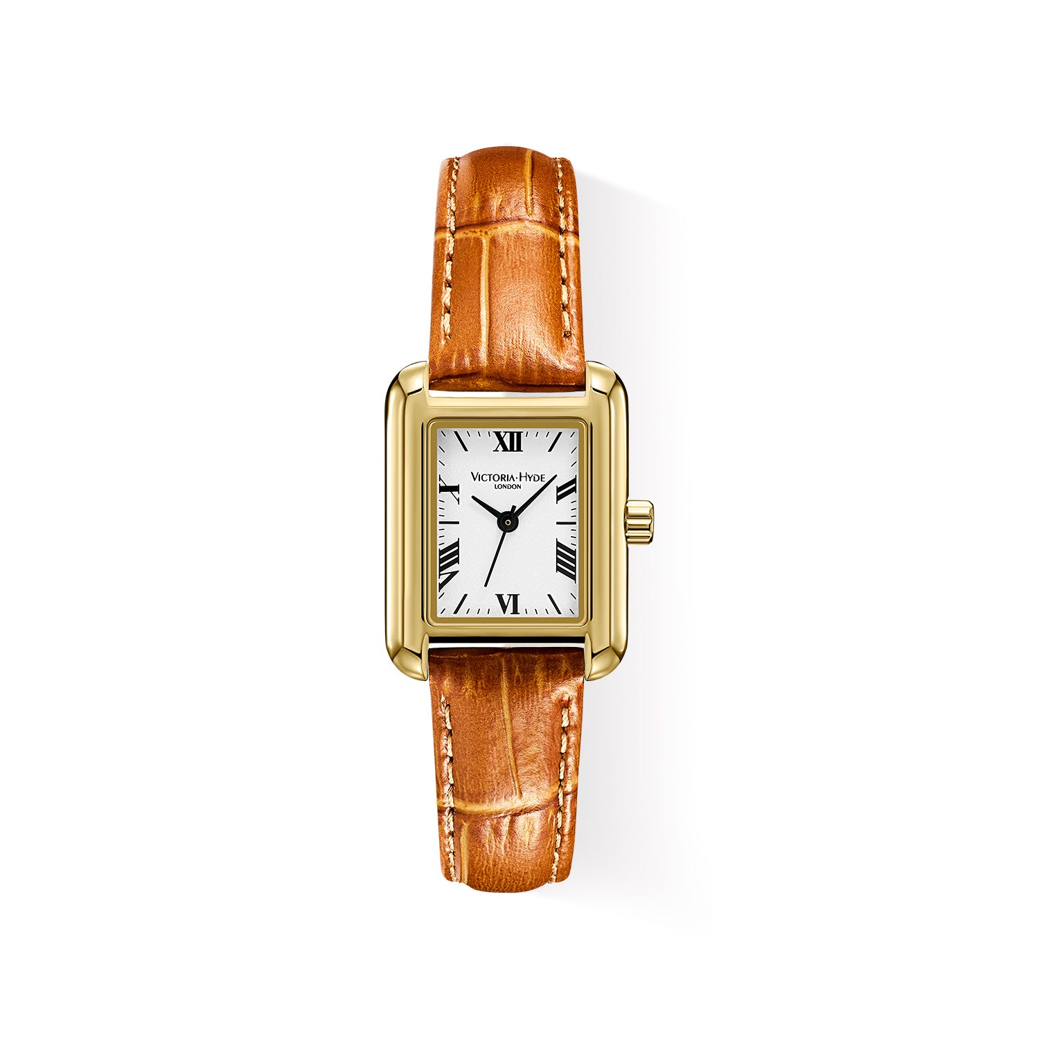 Victory Hyde London RETRO women's watch, light gold square copper case, silver sand dial, brown bamboo leather strap, quartz movement.